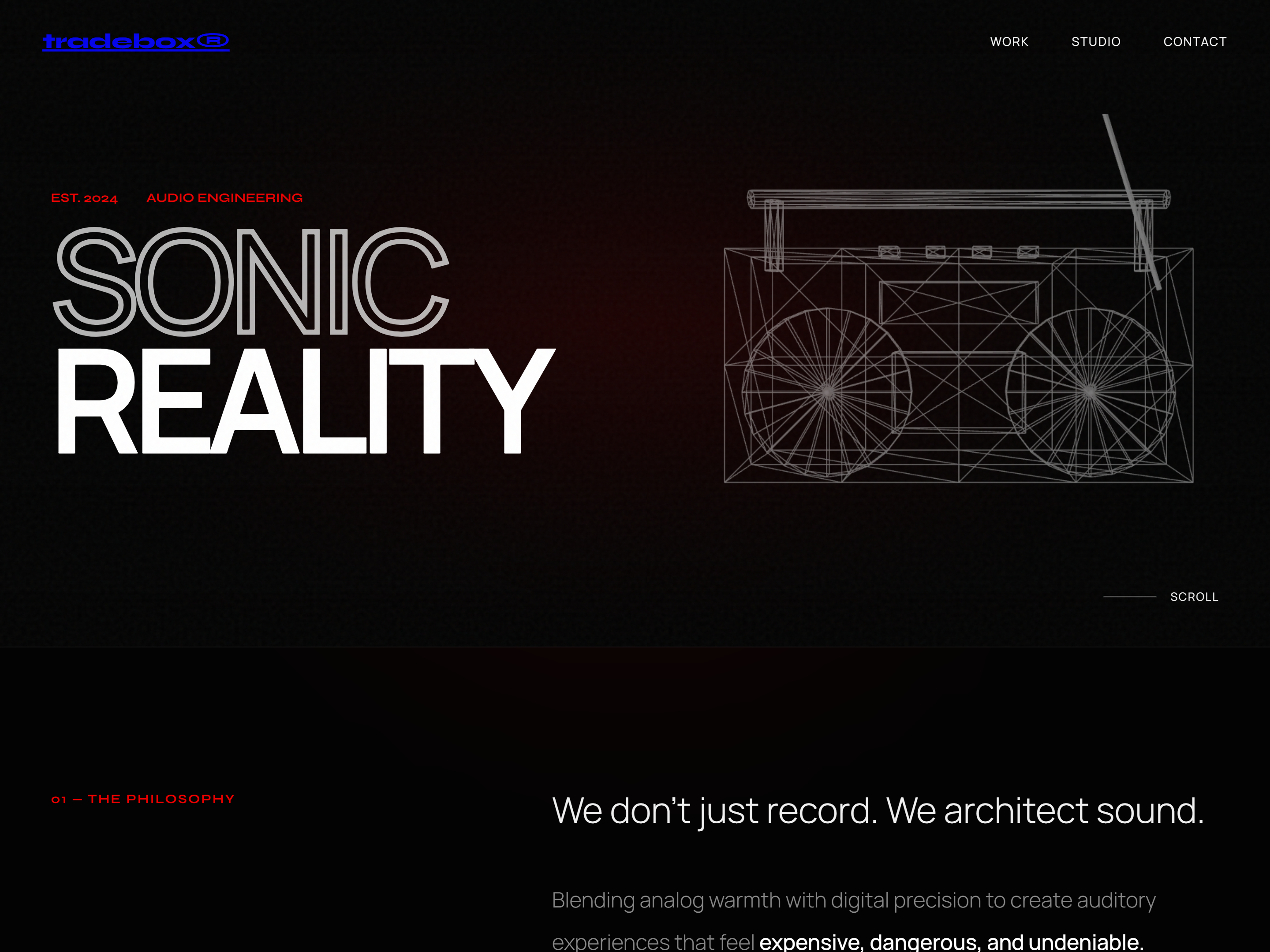 tradebox - Acid Noir music website audio production bold typography cinematic creative dark dark modernism editorial design experimental design grain overlay graphic design high contrast high end dark mode industrial futurism minimalist neo neo brutalism neo grotesque production studio website