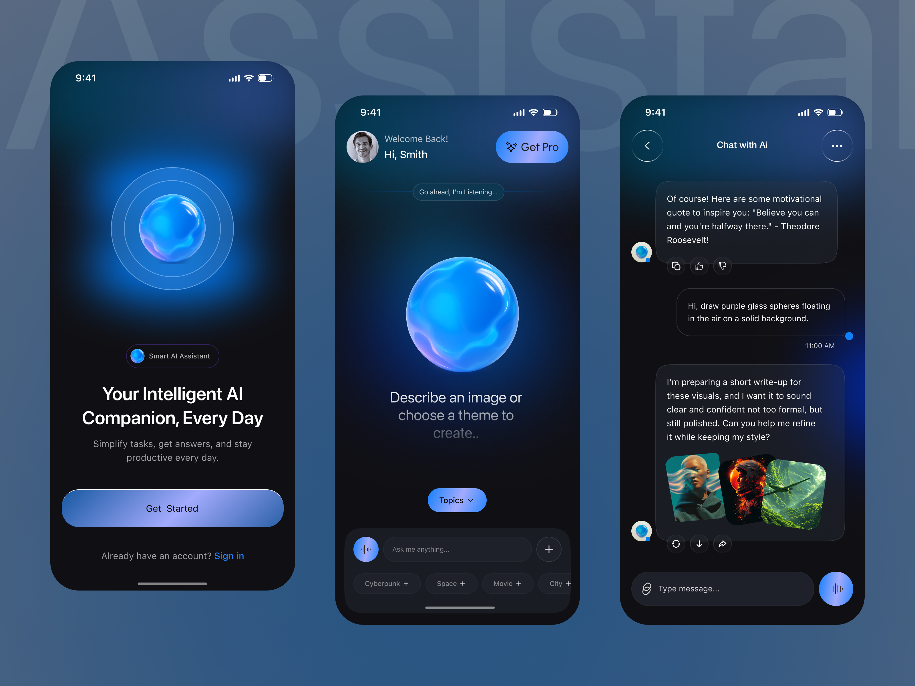 AI Chat & Smart Assistant Mobile App ai ai assistant ai assistant app ai chat app design chatbot futuristic mobile mobile app saas smart assistant ui design ux design