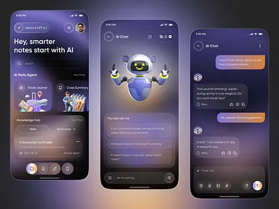 AI Notes App — Smart Notes, AI Chat & Knowledge Hub Experience ai app ai assistant ai chat ai notes ai powered note taking app app design chatbot ui future tech glassmorphism ios knowledge management mobile mobile app note taking app saas app ui