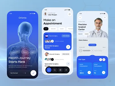 Orionix – AI Medical Surgery App UI Design ai app aimedical app design book appointment booking doctor general surgery health tech healthcare healthcaredesign healthtech medical medicalapp mobile app productdesign schedule appointment surgery app surgeryapp telemedicine ui