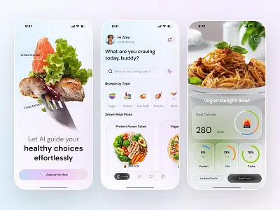 AI Fitness & Diet App — Nutrition Meal Planner ai calories app ai fitness app ai food ai food app ai food tracker ai mobile app app design calorie app fitness meal ui food app glassmorphism meal plan ui meal planner mobile app ui modern app design nutrition app ui