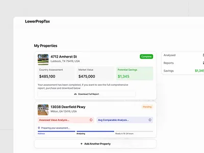 Property Tax App charts clean data design interface metrics minimal modal overlay product progress property real estate saas settings sidebar ui ui design ux ux design