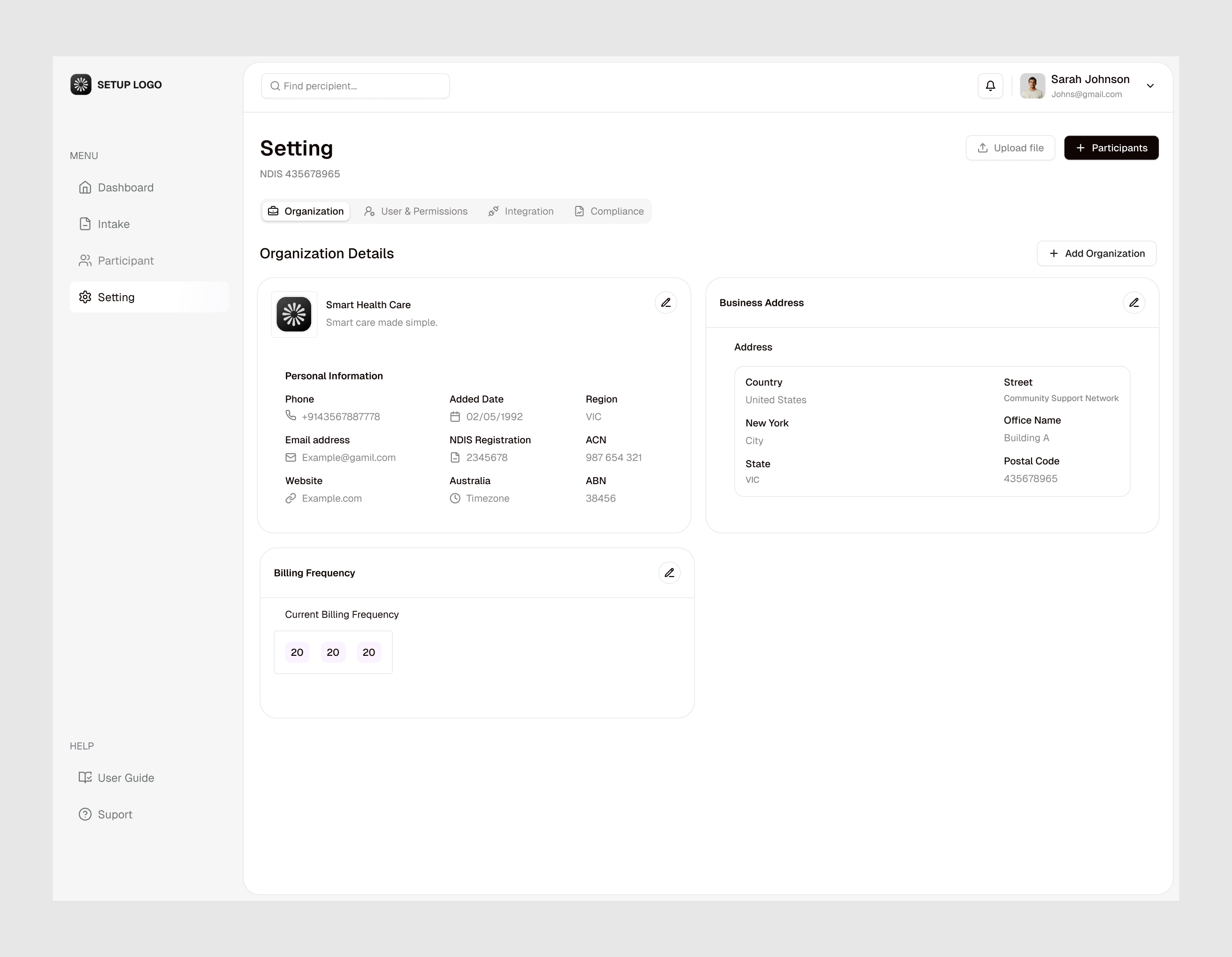 Settings Page Ui account account settings crm dashboard customer relationship management edit profile management ndis setting page organization details product design saas setting page design settings settings page settings page ui ui design user interface