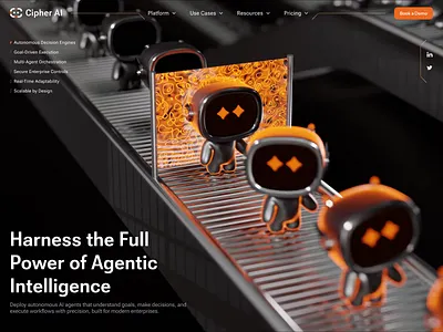 Cipher AI - Agentic AI Website Hero | Web3 3d 3d motion agentic ai ai animation application artificial intelligence branding dark theme design hero page illustration minimal motion graphics robot ui web design web3 webgl website hero