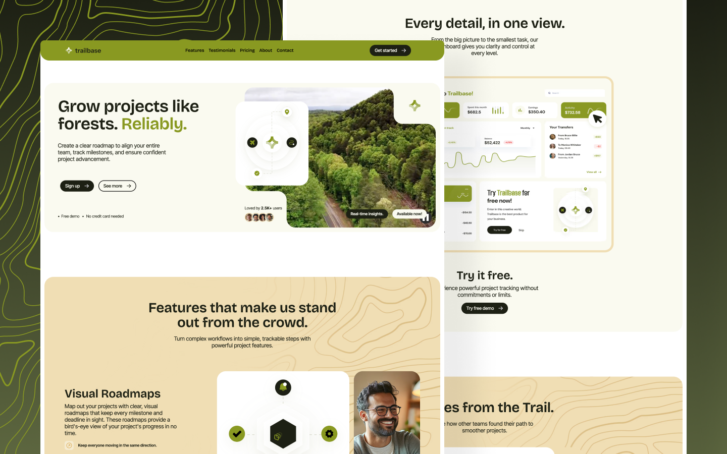 Trailbase - Project Management Website Design environment figma forest illustrative website landing page landing page design marketing website design nature project management tool saas saas website startup site web design webflow