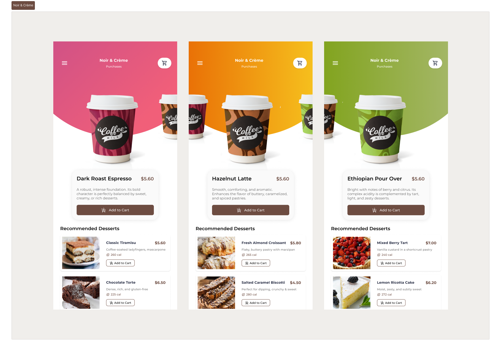 "Noir & Crème" – Coffee & Dessert Pairing App UI coffee ecommerce foodapp french minimal mobileapp redesign ui ux
