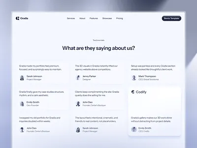 Testimonials section agency cv design figma design figma ui framer framer ui home page landing page porfolio resume review testimonials testimonials section ui ui design web web design web ui