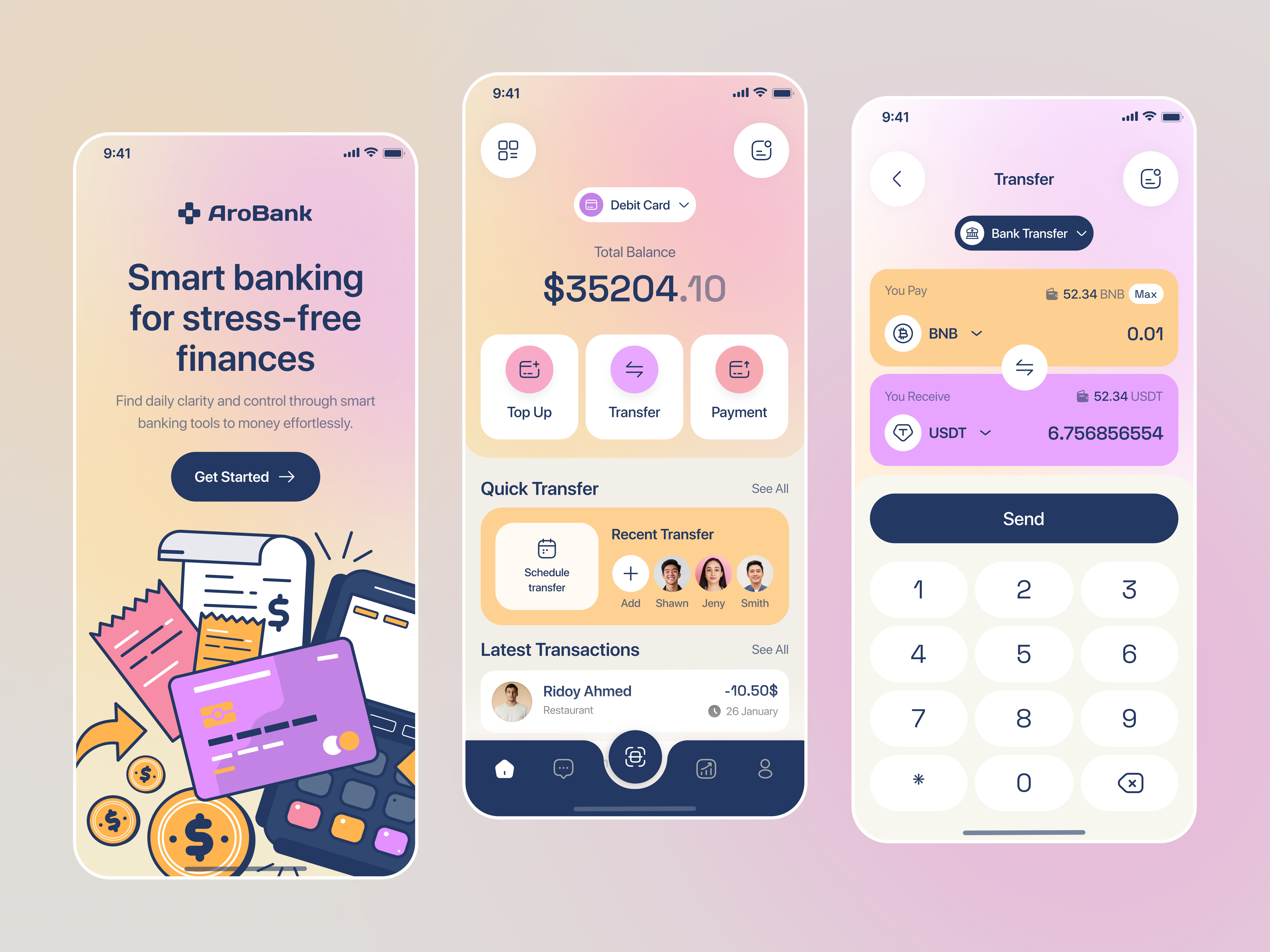 AroBank — Smart Banking App UI app design app interface banking app digital banking finance app financial dashboard fintech ios ios design mobile app mobile ui money app neobanking payment app product design saas transactions ui ux ux wallet app