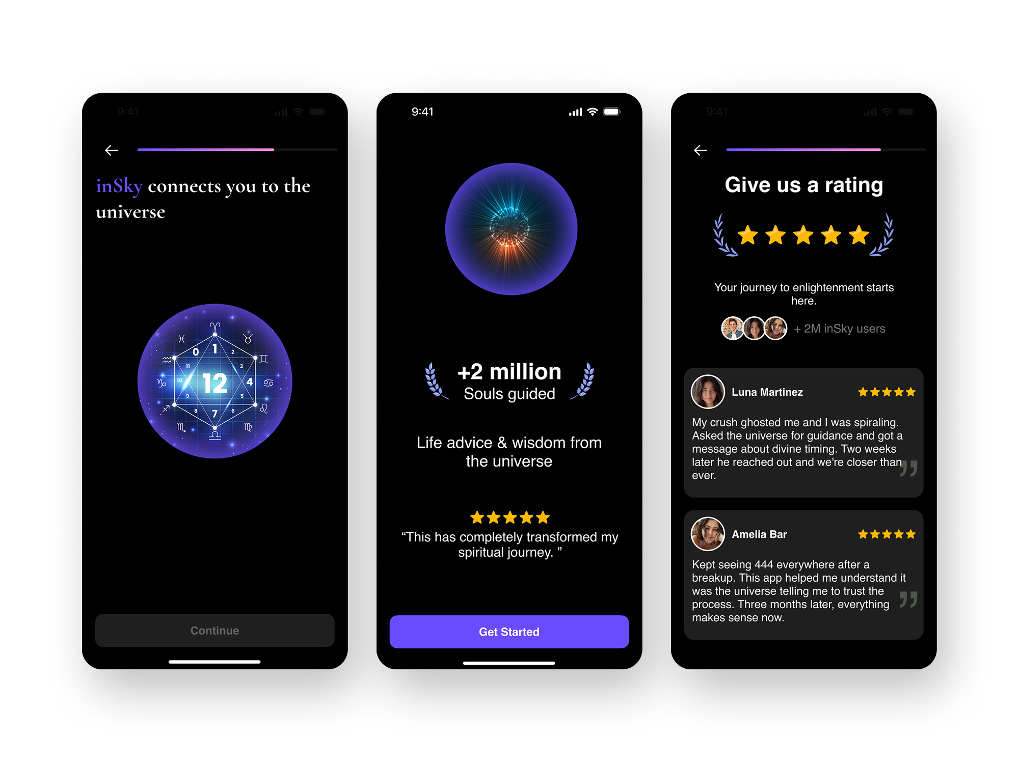 inSky — Cosmic Guidance & Zodiac Insights Experience ai horoscope app astrology app ux astrology ios app ui astrology saas ux astrology startup product design birth chart app design celestial ux design cosmic guidance app cosmic meditation app dark mode mobile app ui horoscope mobile app design modern astrology ui mystical app ux ui premium mobile app design spiritual ai assistant ux spiritual wellness app design tarot astrology app ux zodiac app ui design zodiac chatbot app zodiac compatibility app