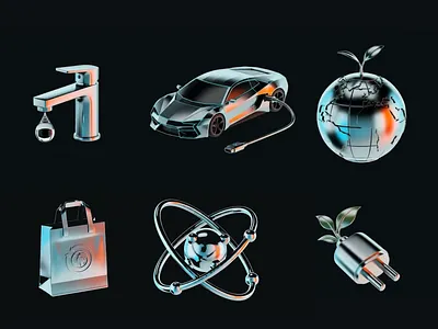 Green Shift Ecology Icon Set (3D Chrome) 3d ai app app design b2b chrome clean design ecology glass glow graphic design green icon icon design modern motion graphics ui website