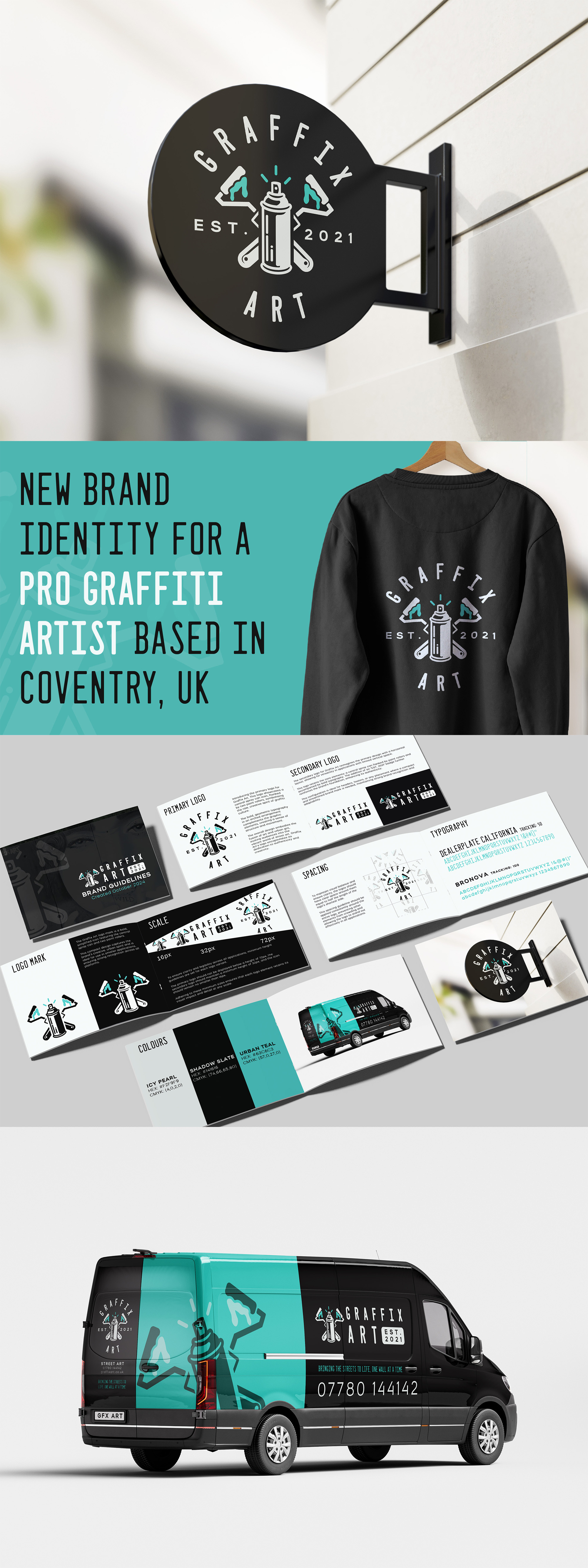Street-Smart Branding for a Pro Graffiti Artist artist branding bold brand brand guidelines branding for creatives branding for graffiti artist clean urban logo clothing logo coventry designer creative brand identity custom logomark graffiti logo graphic design for artists illustrative logo spray can logo street art branding streetwear style identity subculture branding urban identity van branding vehicle wrap design
