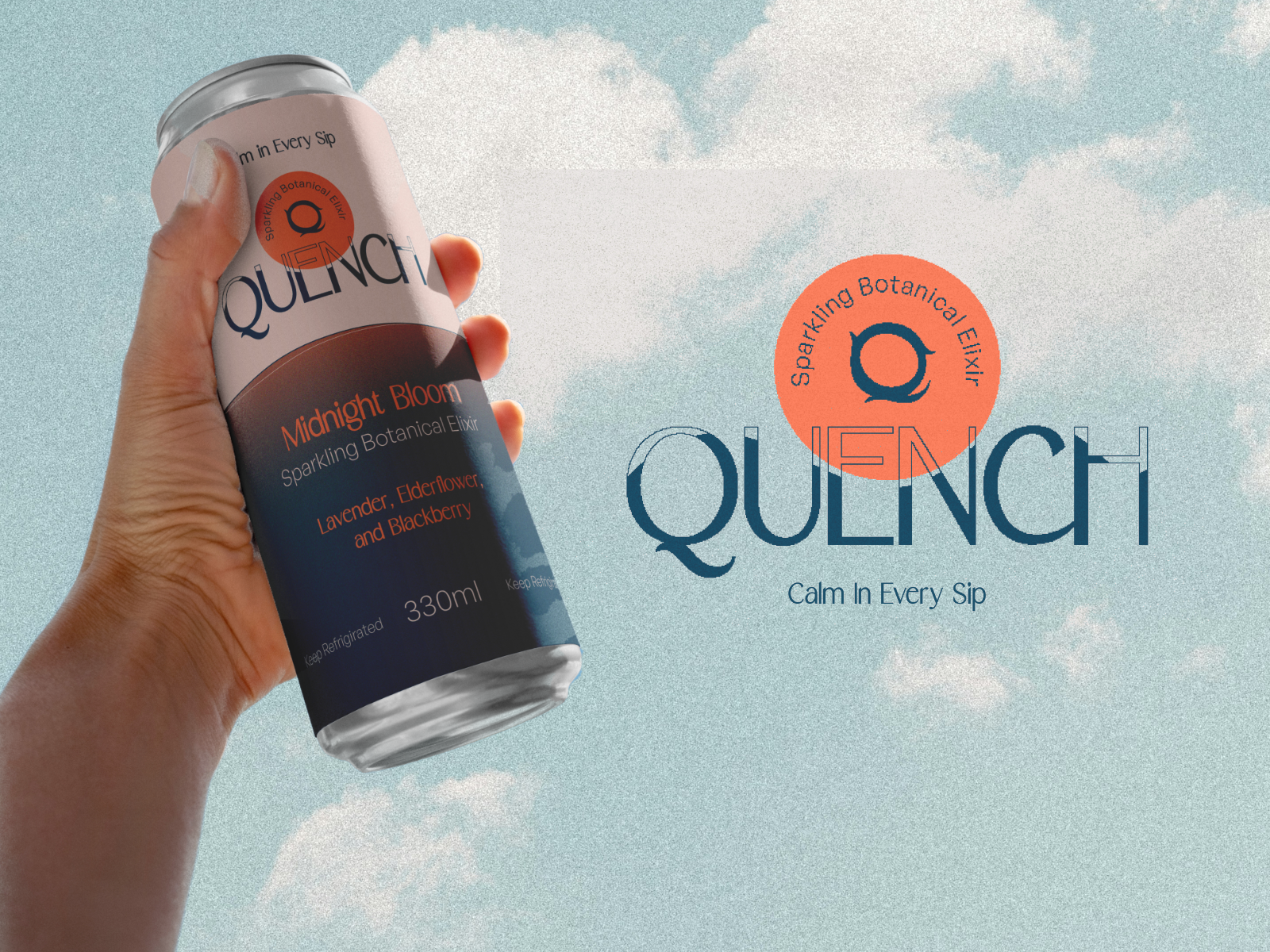 Quench Drinks Logo & Packaging Design blue brand identity classic drink logo food and drink branding logo orange premium drink brand quench retro soda can soda packaging