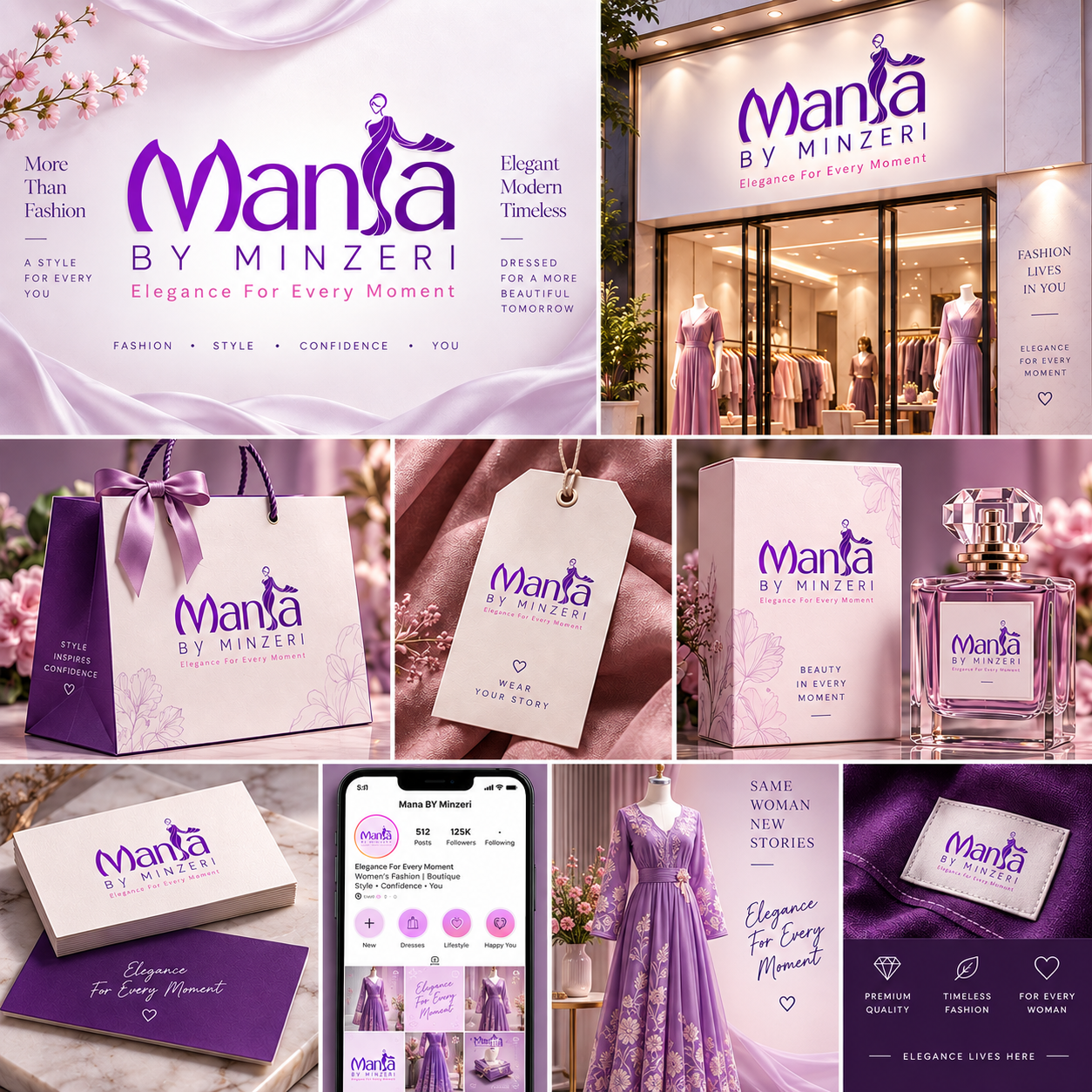 Mania By Minzeri - High-End Fashion & Lifestyle Identity apparel boutique brand identity branding clothing clothing brand logo creative fashion graphic design identity lifestyle logo logo design luxury monogram professional purple typography vector visual identity