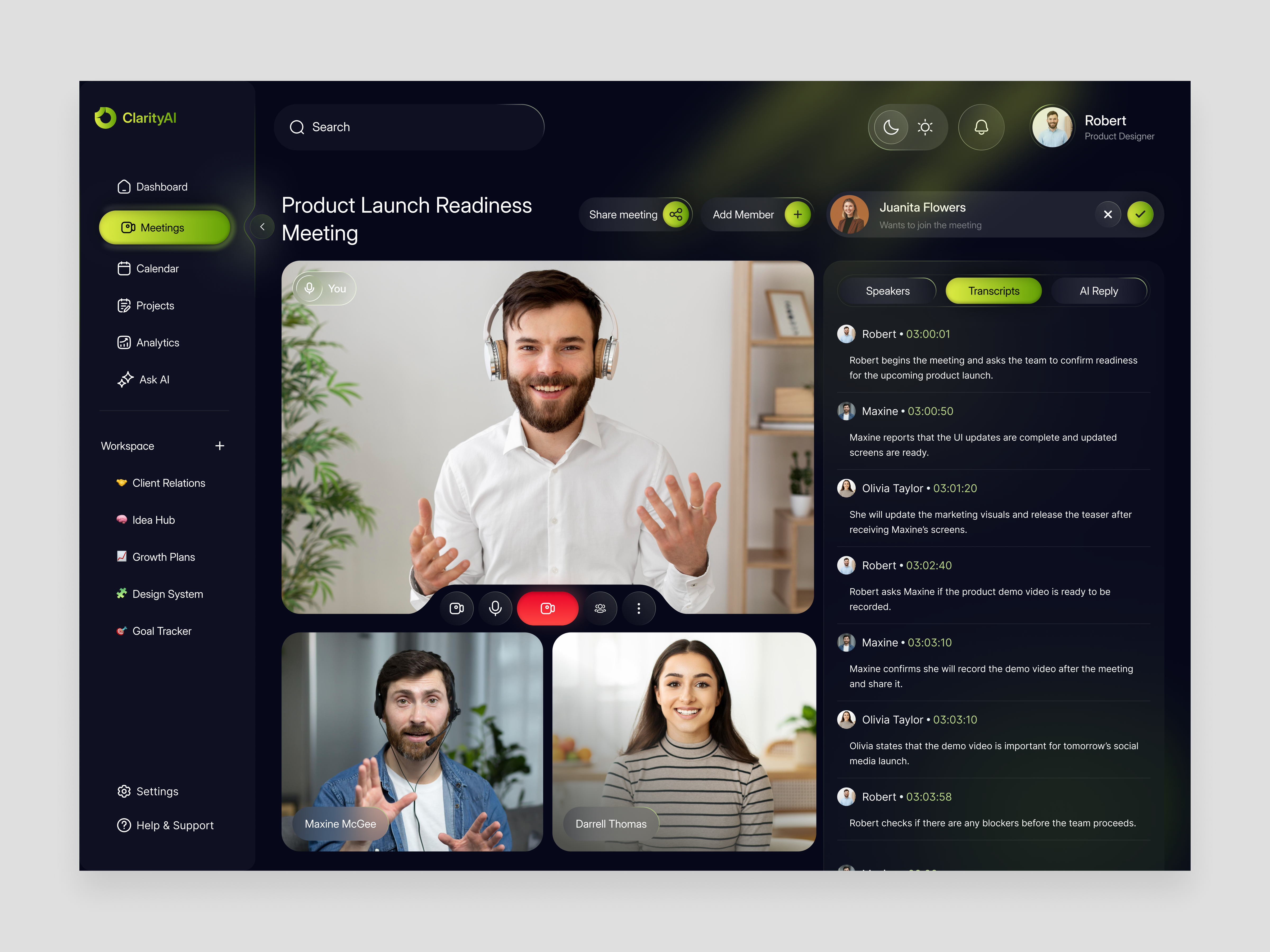 AI-Powered Dashboard ai meeting dashboard ui ai productivity saas interface collaboration platform design dark mode saas dashboard design dashboard dashboard design product design remote team meeting dashboard ui saas dashboard saas meeting dashboard video call web app design virtual meeting platform ui web design website website design