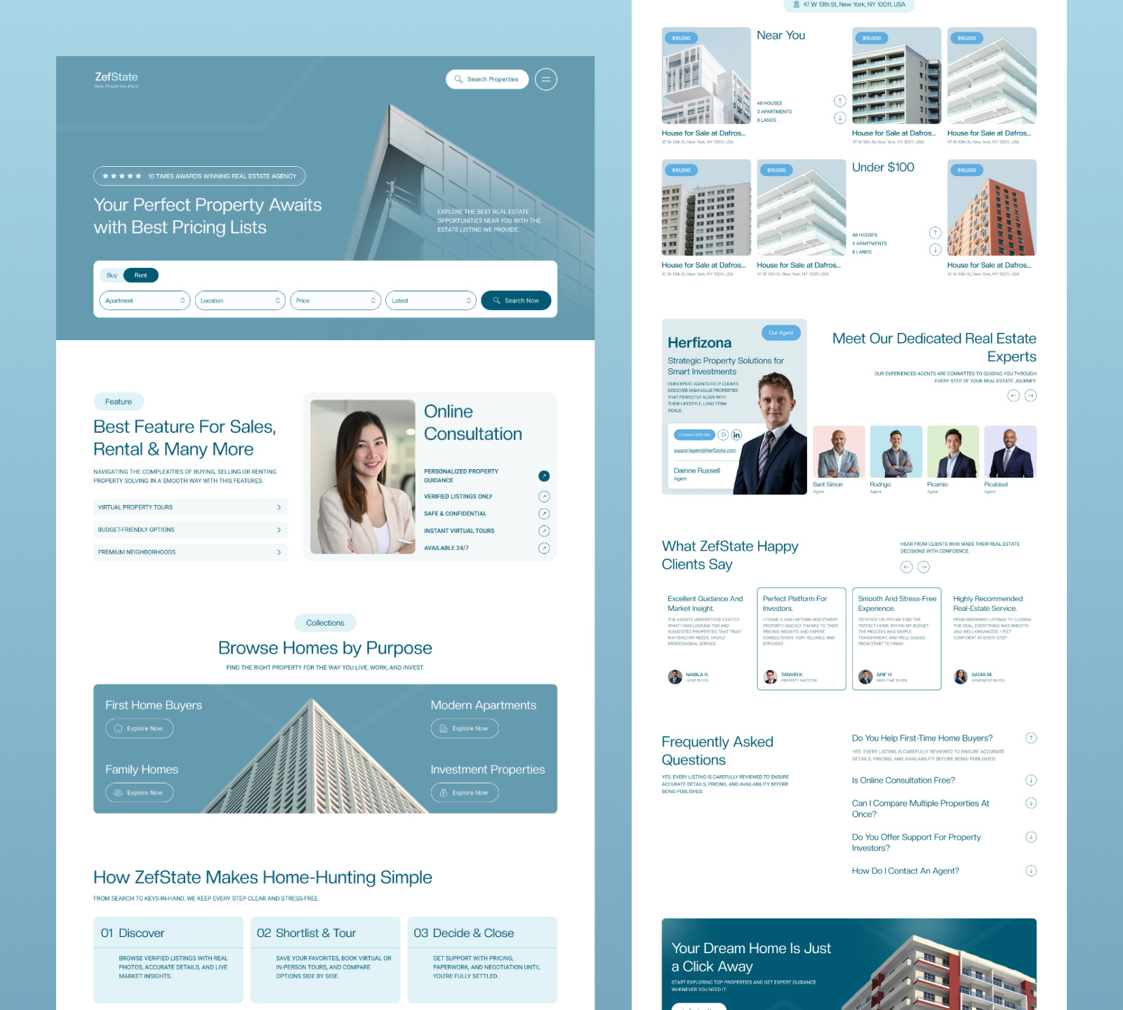 ZefState – Modern Real Estate Website UI Design clean design clean website design dashboard landing page minimal design modern modern design modern website design property listing property management property website real estate real estate app real estate website rent property saas ui design ux design web design website ui