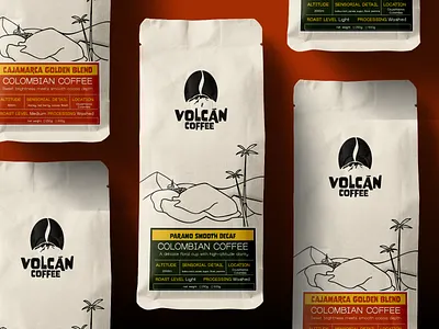 Volcan Coffee Logo & Brand Identity coffee bag coffee brand coffee logo coffee packaging green illustrated packaging line illustration minimalist packaging pouch packaging red volcano illustration volcano logo