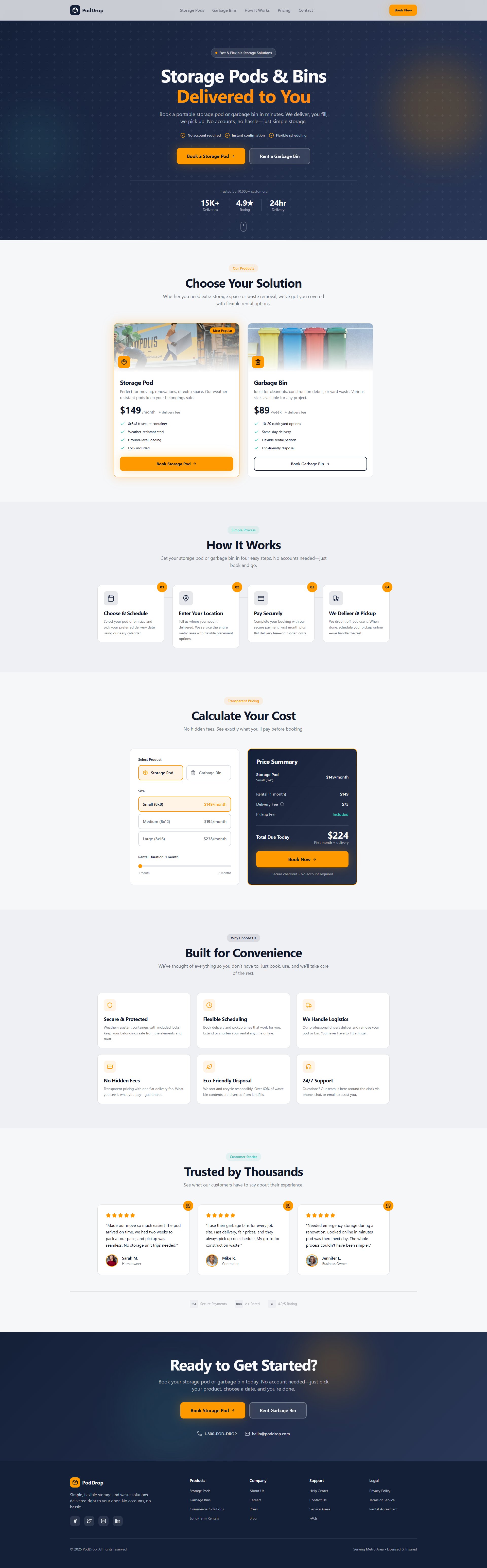Booking Website for Portable Pods booking system business website checkout flow clean design conversion design hero section landing page logistics minimal ui modern ui pricing calculator responsive design saas service website startup website storage service ui design ui ux ux design web design