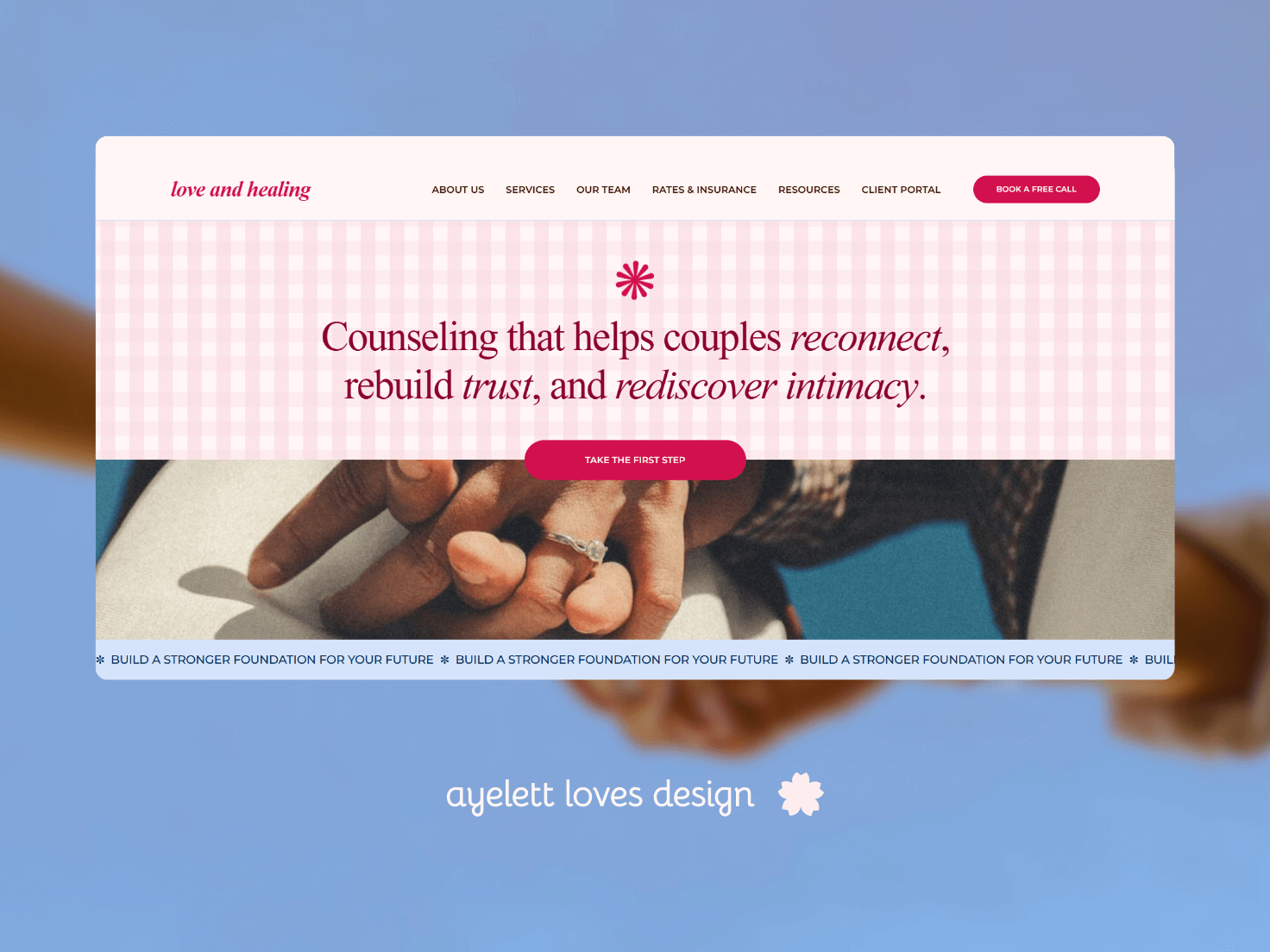 Squarespace Hero section - cute website for couples counseling counselors couples counseling cute gingham graphic design hopeful mental health modern pattern red and blue relationships counseling soft squarespace web design website website design welcoming wellness