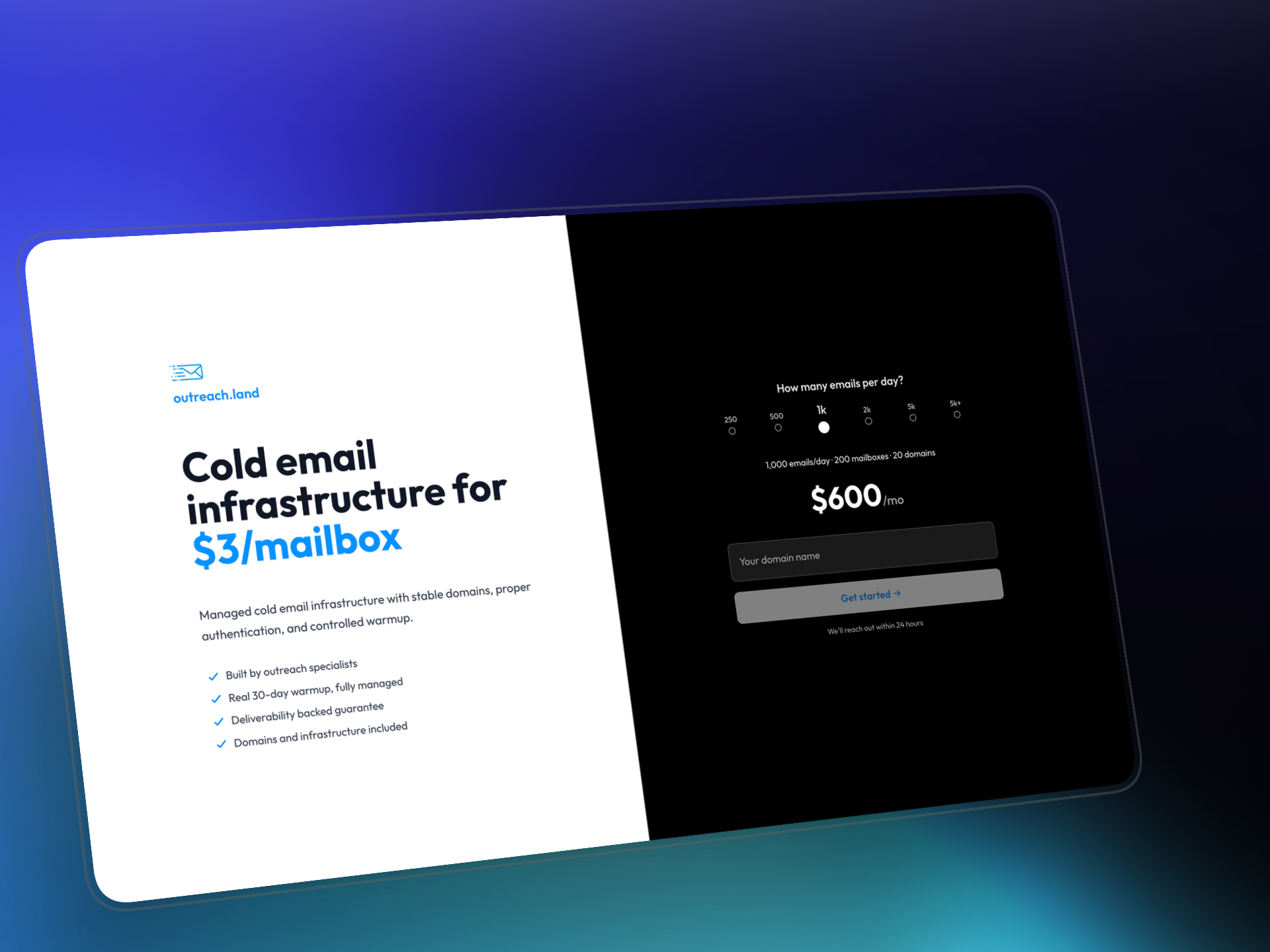 Outreach.land (email deliverability mailboxes) design email deliverability indiehacker ux vibecode web design