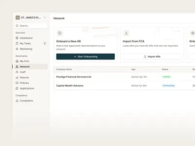 Company network dashboard app clean compliance dashboard dashboard data table financial services fintech firm management flat import tool minimal onboading saas shadcn shadcnui sidebar navigation status tracking tailwind wealth management