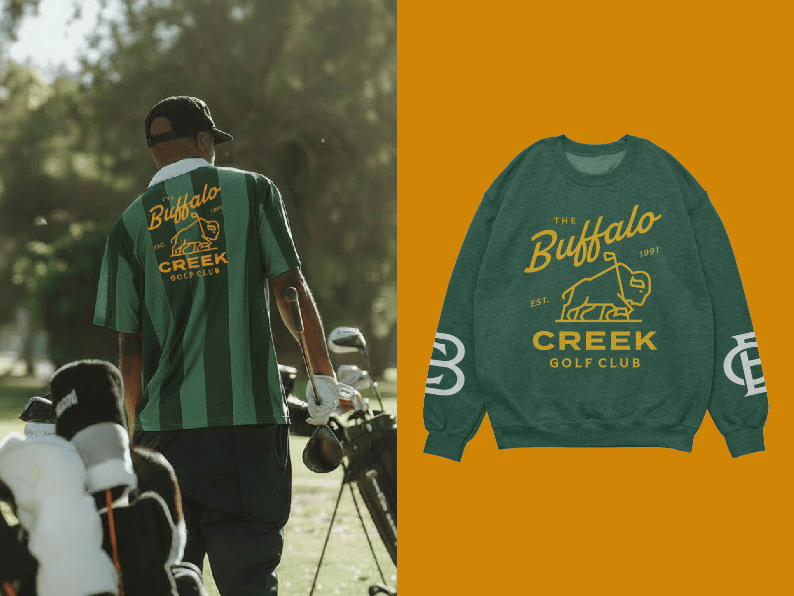 Buffalo Creek Golf Club: Merchandise apparel design brand application brand identity branding design golf branding golf club golf merch graphic design heritage branding identity design illustration logo logo design merch design sports wear streetwear typography design vector vintage sports