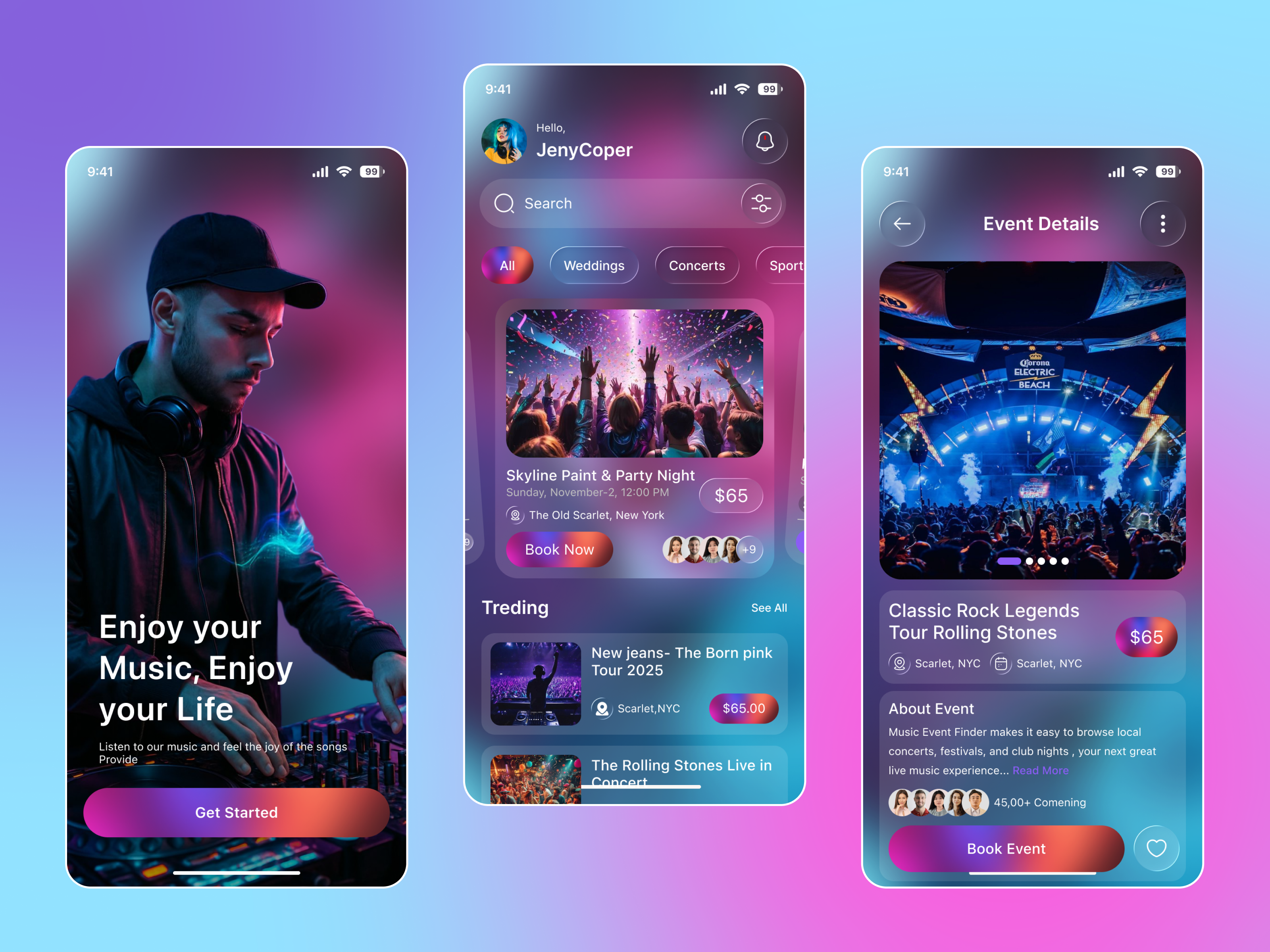 Event Booking Mobile App concert app concert discovery app dark ui entertainment app event app event booking event discovery event discovery ticketing app event ticket booking app ios app live music event app design mobile app music events music festival mobile app music lover event app design nightlife ticket booking