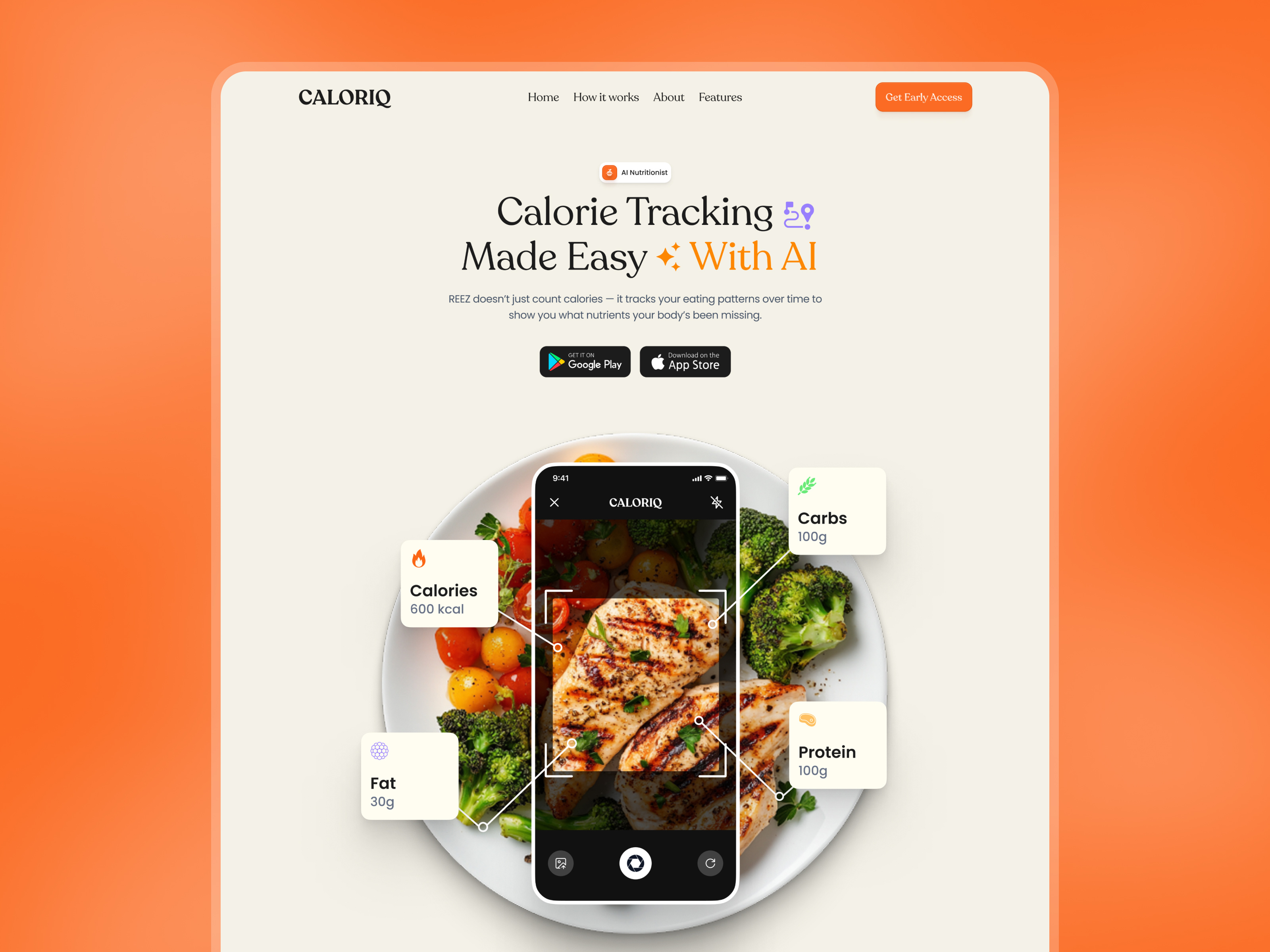 Caloriq - Calorie Tracking Mobile App Landing Page Web Design app app design calorie calorie tracking clean ui design focotik health tracking landingpage landingpage design minimal design mobile app design responsive design ui ui design ui ux design website design