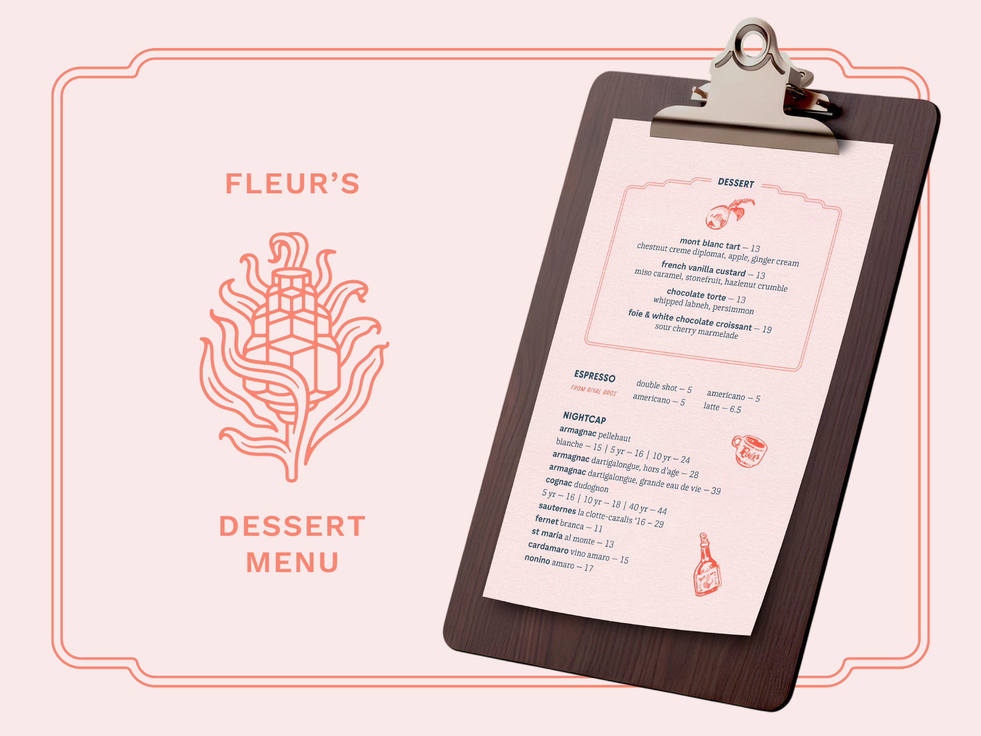 Fleur's Dessert Menu design dessert elegant fancy food graphic design layout menu pink print restaurant upscale vintage