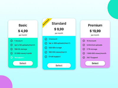 DailyUI #030 Pricing blue card daily ui dailyui dailyui 030 design green plan pricing pricing plan purple ui