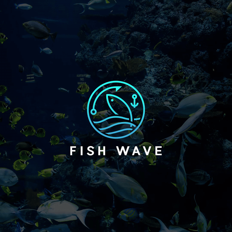 FISH WAVE – A Minimal Circular Logo Featuring Fish, Wave & Hook brand identity branding design design logo fish fishing fishing hook flat graphic design hook icon illustration logo logo design logos logotype modern timeless ui unique
