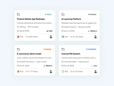 Project card UI components b2b component dashboard design design system project management saas shadncui task ui ux web