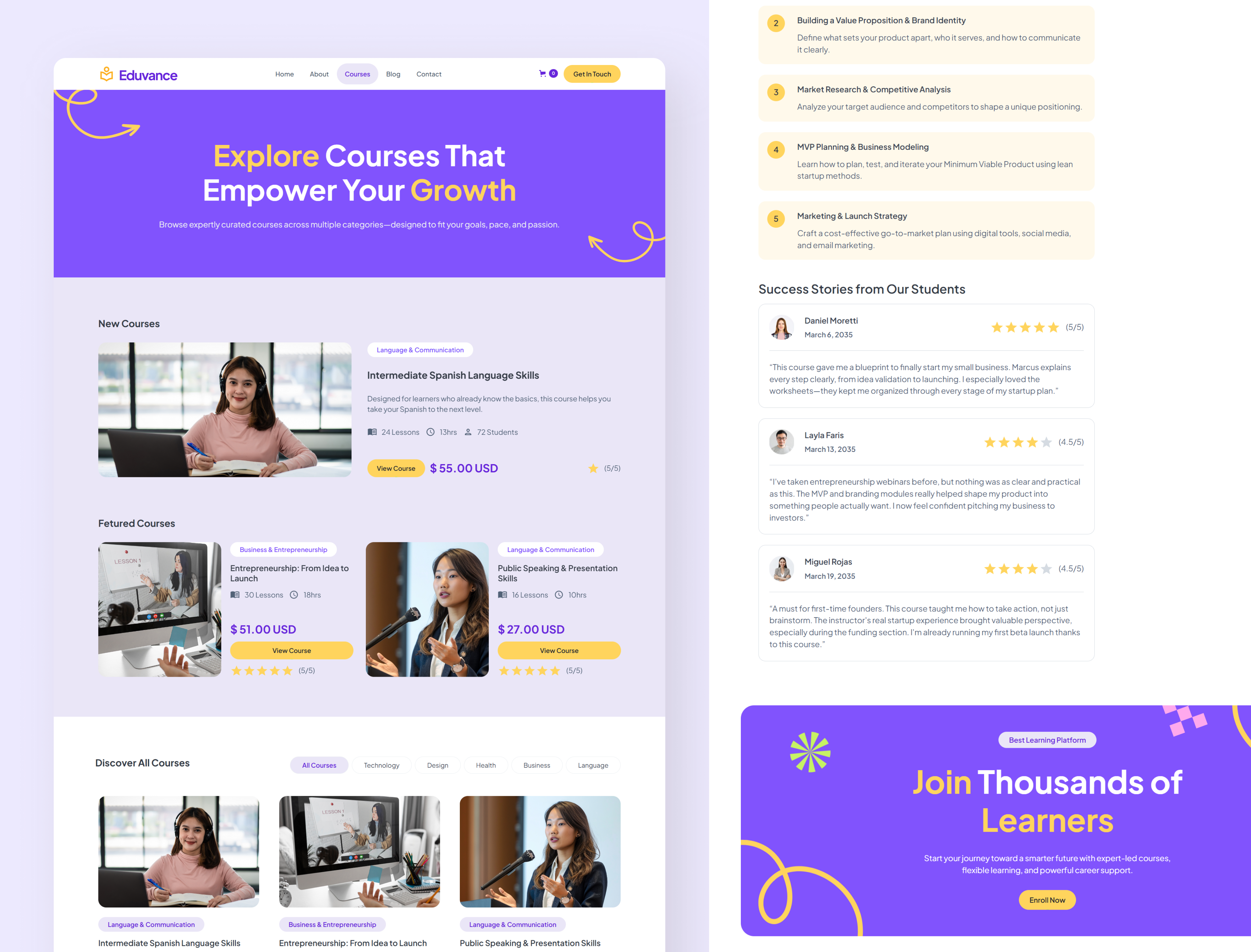 Eduvance Courses Page - Education Webflow business website courses digital learning education education website learning modern website nocode online course responsive ui design ui inspiration ui showcase ui trends uiux ux design web design webflow