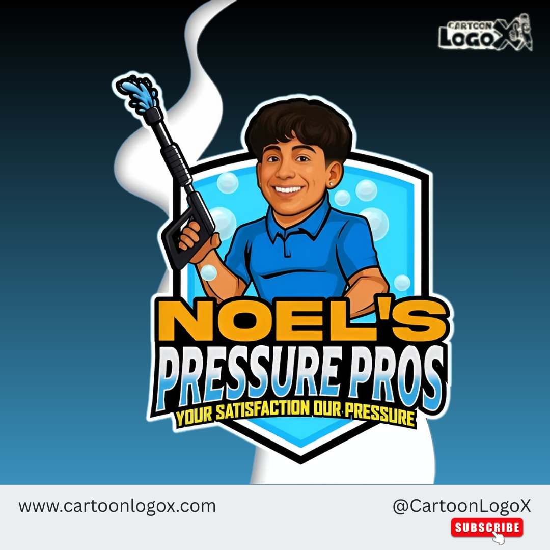 Noel’s Pressure Pros Mascot Logo & Full Branding | CartoonLogoX brand identity design branding business card cartoon branding cartoonlogox character logo door hanger design dribbble design flyer design graphic design logo logo design inspiration mascot logo pressure washing pressure washing brand small business branding visual identity yard sign