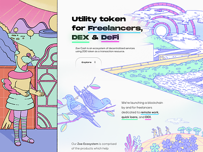 ZOE Ecosystem | Design Direction for Fintech Startup 2d art blockchain brand identity content crypto dapp digital art finance fintech futuristic product solarpunk token web3 website y2k