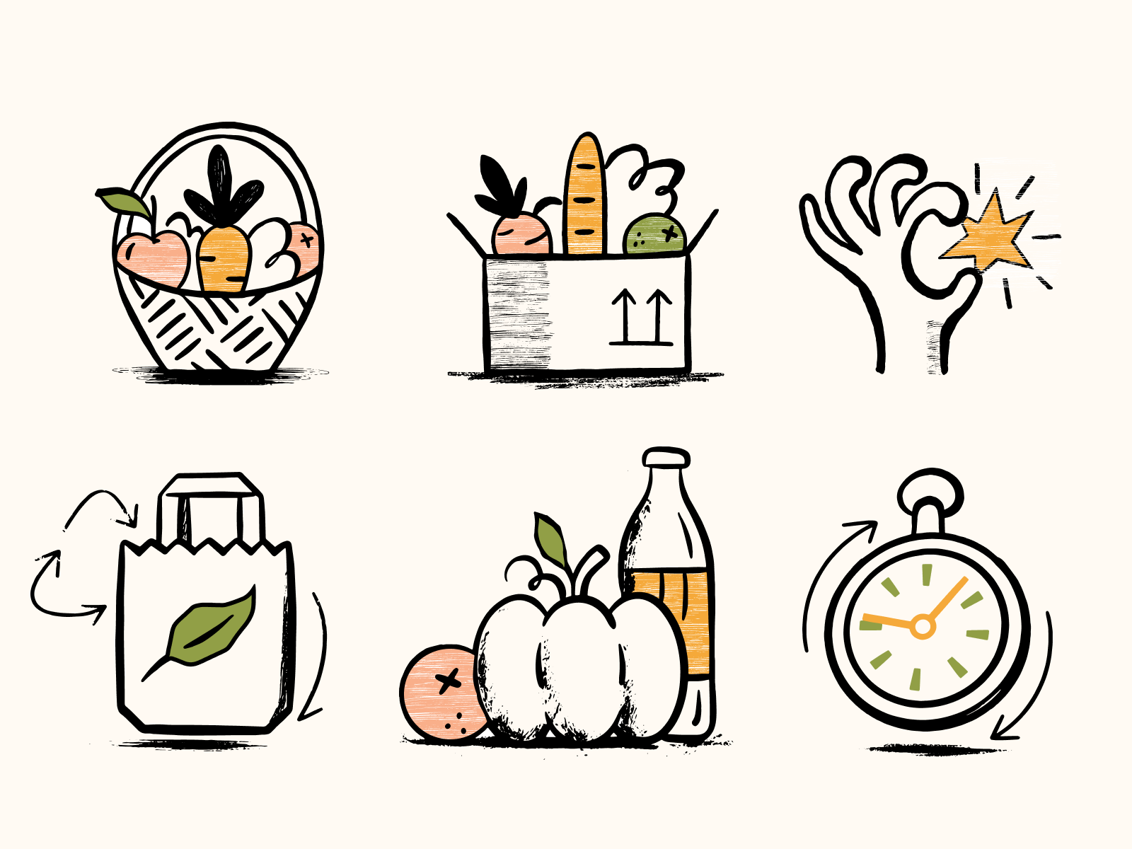 Example of Hand-Drawn Grocery & Eco Icons Set