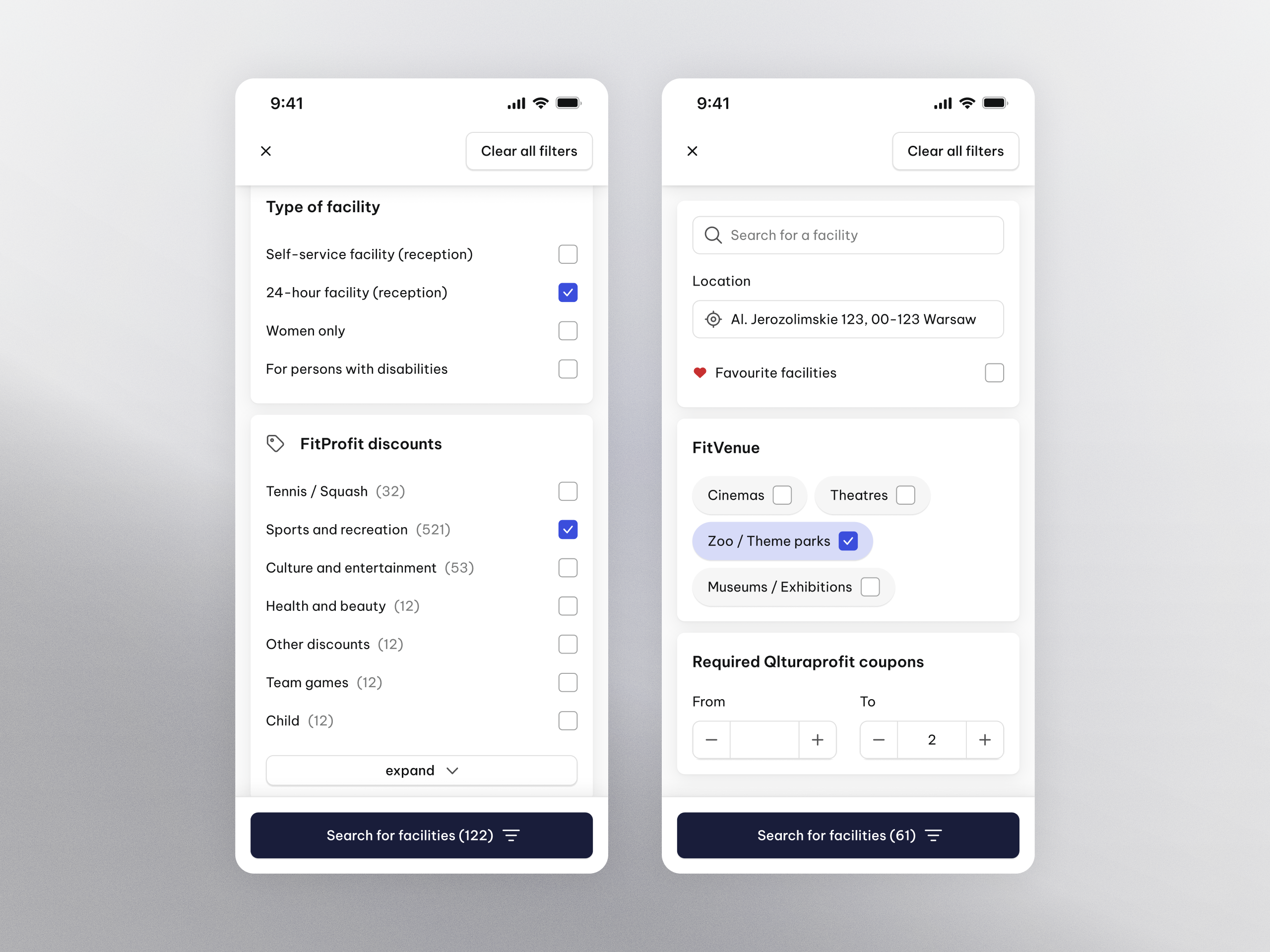 Facility Search Filters - Mobile app app application card card holder design discount facilities filters finder fitness gym minimal mobile search sport sports ui uxui venues white