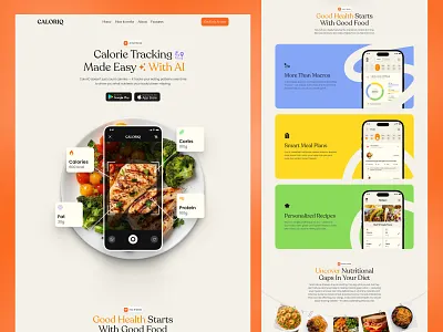 CaloriQ - Mobile App Landing Page | Website Design app design app landing page app ui calori app calorie app design calorie app ui calorie landing page design focotik landing page landing page ui mobile app design modern ui ui ui design ui ux design