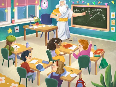 Zeus visiting school 2d book cover book illustration cartoon character design childrens book illustration childrens illustration illustration kidlit