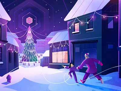 Christmas is coming 2d illustration celebration character character design christmas christmas fair christmas tree city cozy family festive flat holiday illustration night scene old town sd snow town winter