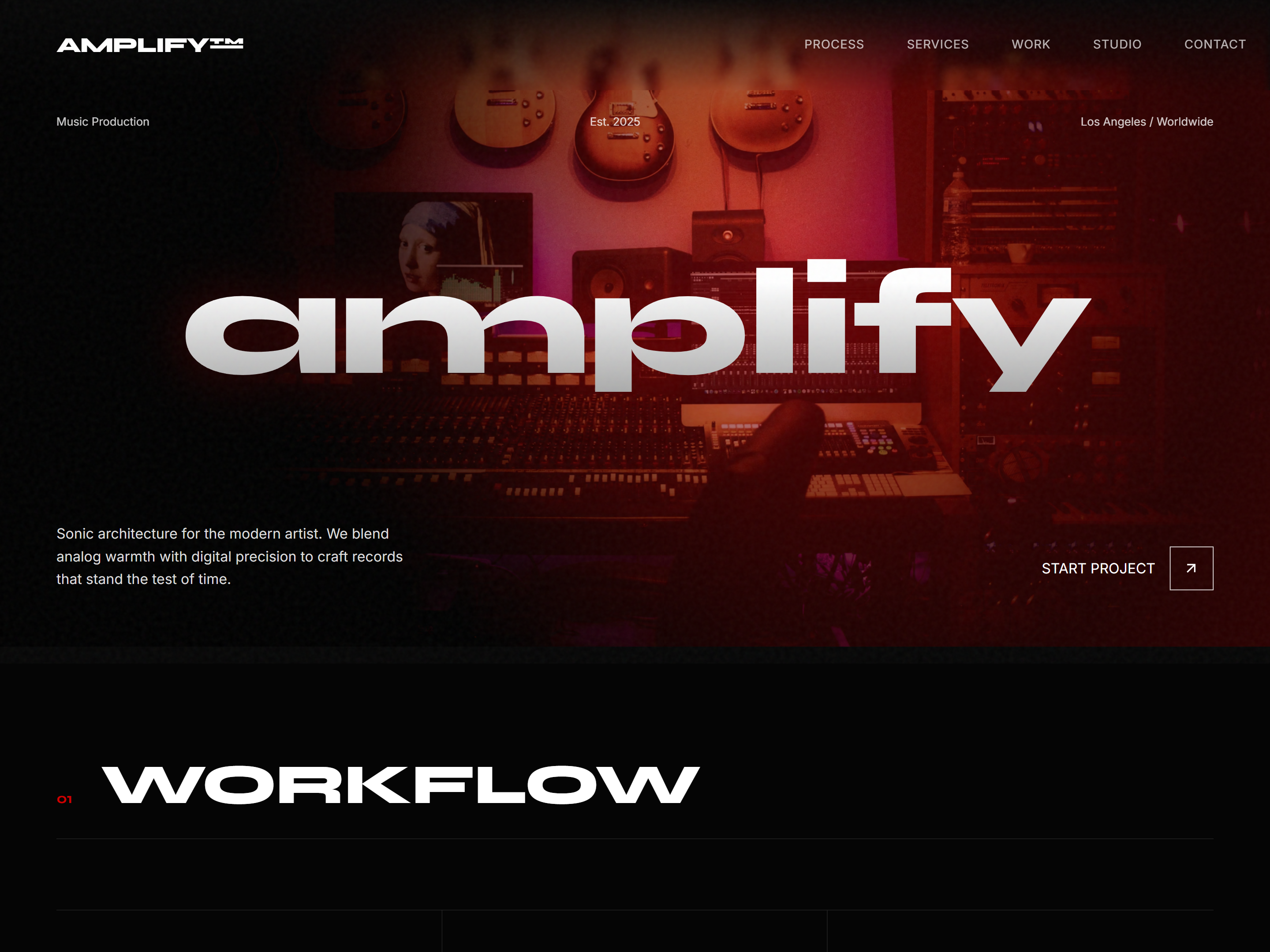 Amplify | Music Production Portfolio & Studio Website Design amplify audio audio engineering ux creative dark dark mode web design graphic design luxury minimalist mixing and mastering services music music production website portfolio design for musicians premium professional studio branding recording studio ui sleek studio website