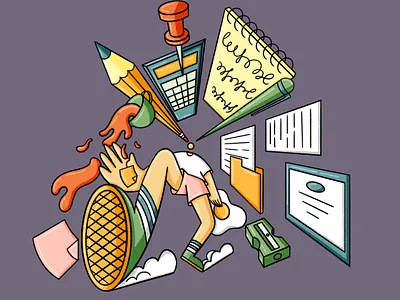 Work Time 2d abstract breakfast calculator cartoon editorial illustration man notebook notes office pencil procreate sticky notes work