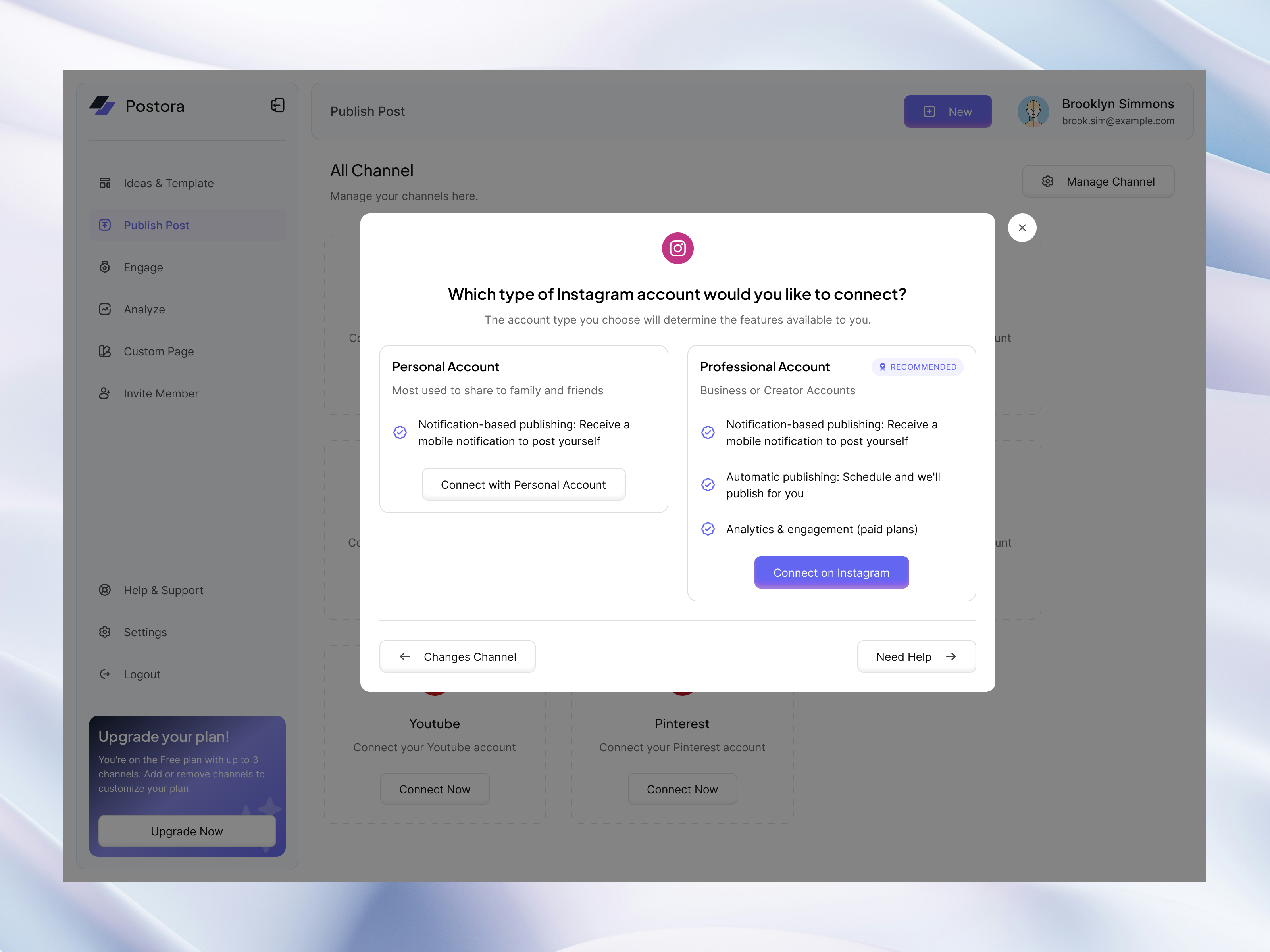 Postora - Popup Connect Channel Animation animation dashboard social media ui web dashboard web design