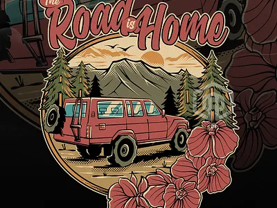 THE ROAD IS HOME (LAND ROVER) - OUTDOOR APPAREL 4x4 artwork branding commissionwork illustration illustrator landrover mountain offroad outdoorapparel outdoors tshirt