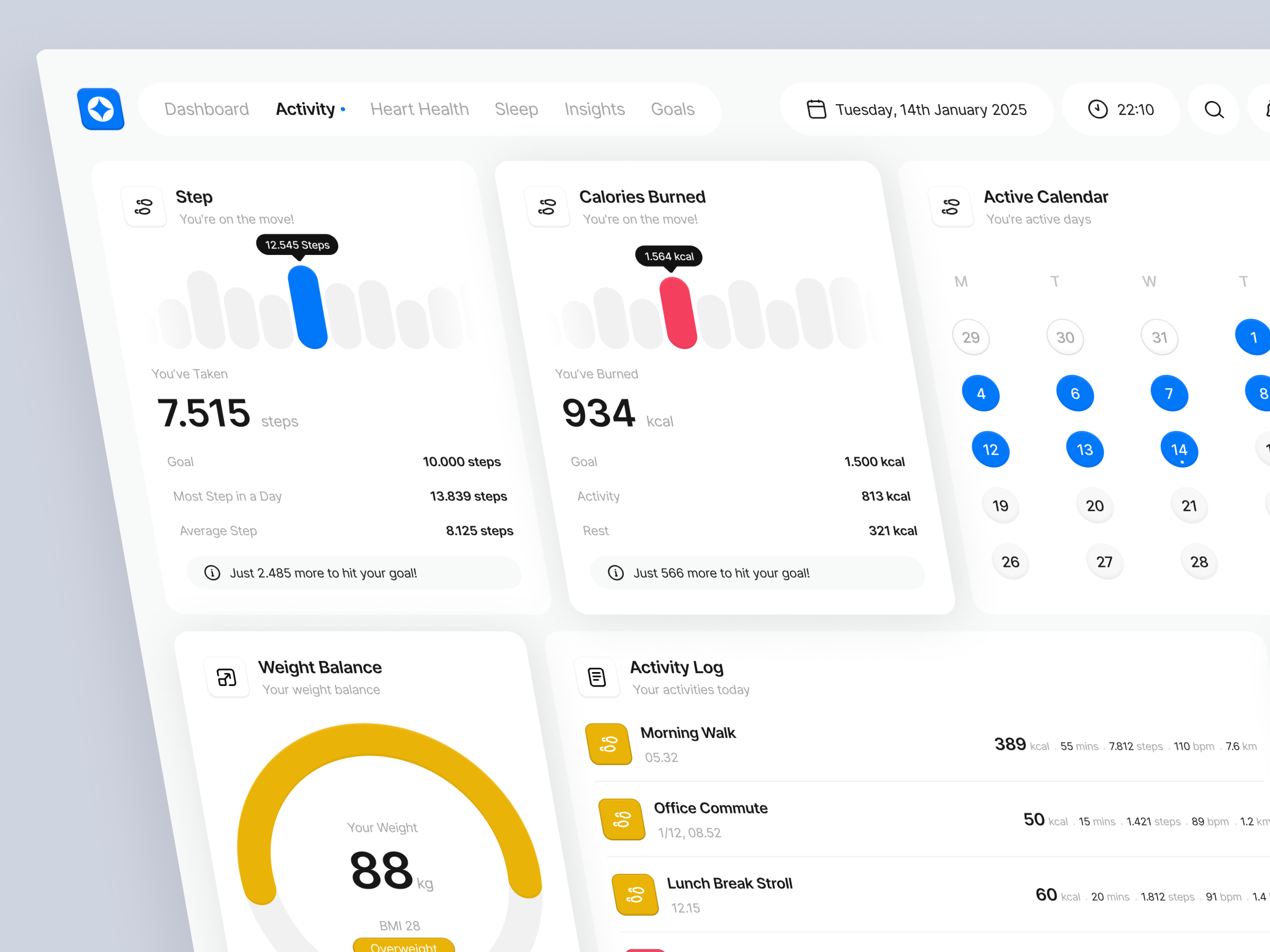 Health Monitoring Dashboard - Activity Page activity activity tracking dashboard analytics chart dashboard design exercise health health monitoring dashboard healthcare healthcare dashboard minimal modern monitoring tracking tracking dashboard ui ui design ux design website