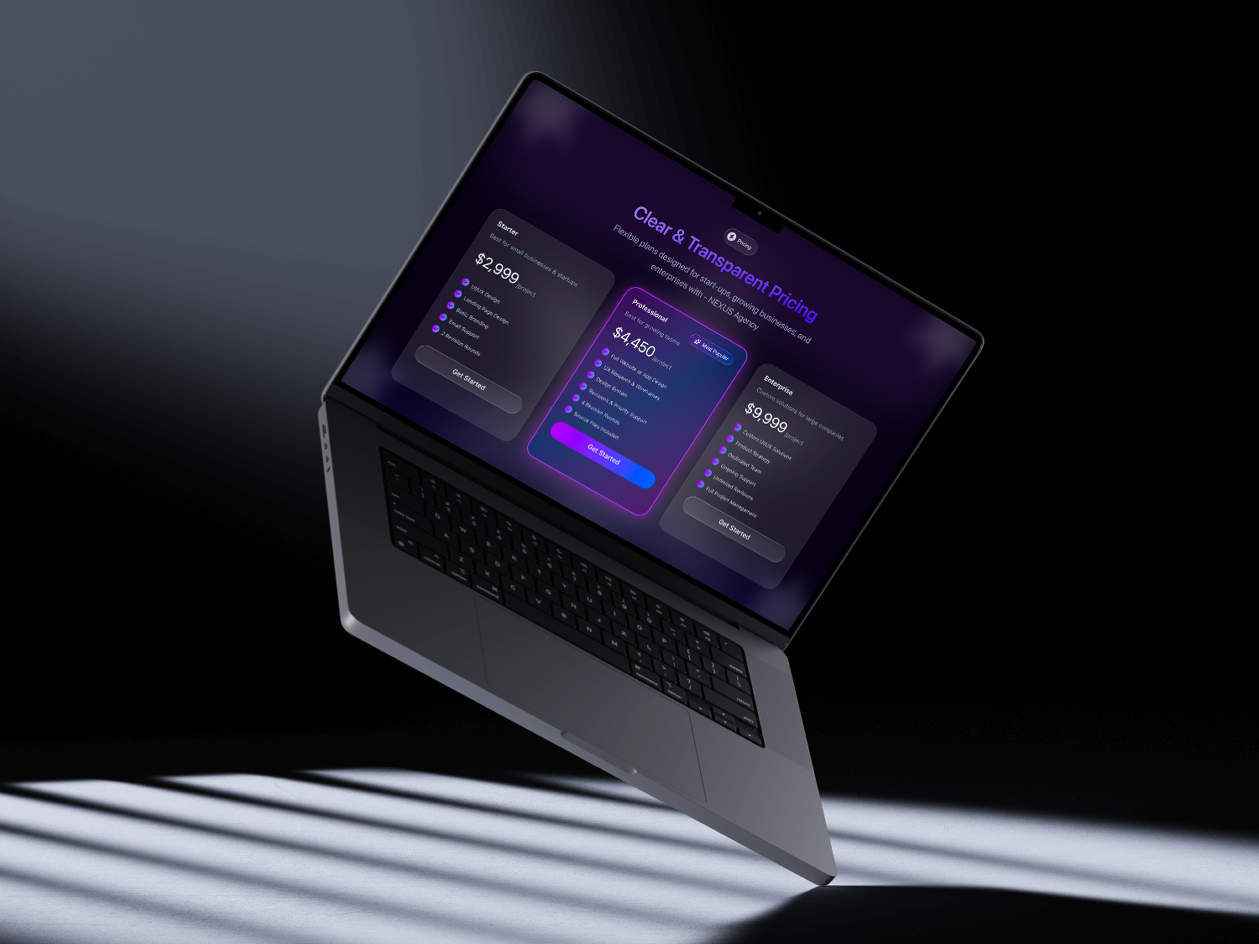 Digital Agency Landing Page - Pricing Section agency website clean design dark mode dark ui digital agency figma landing page minimal design modern ui pricing page pricing ui saas startup ui ui design ux ux design web design web ui website design
