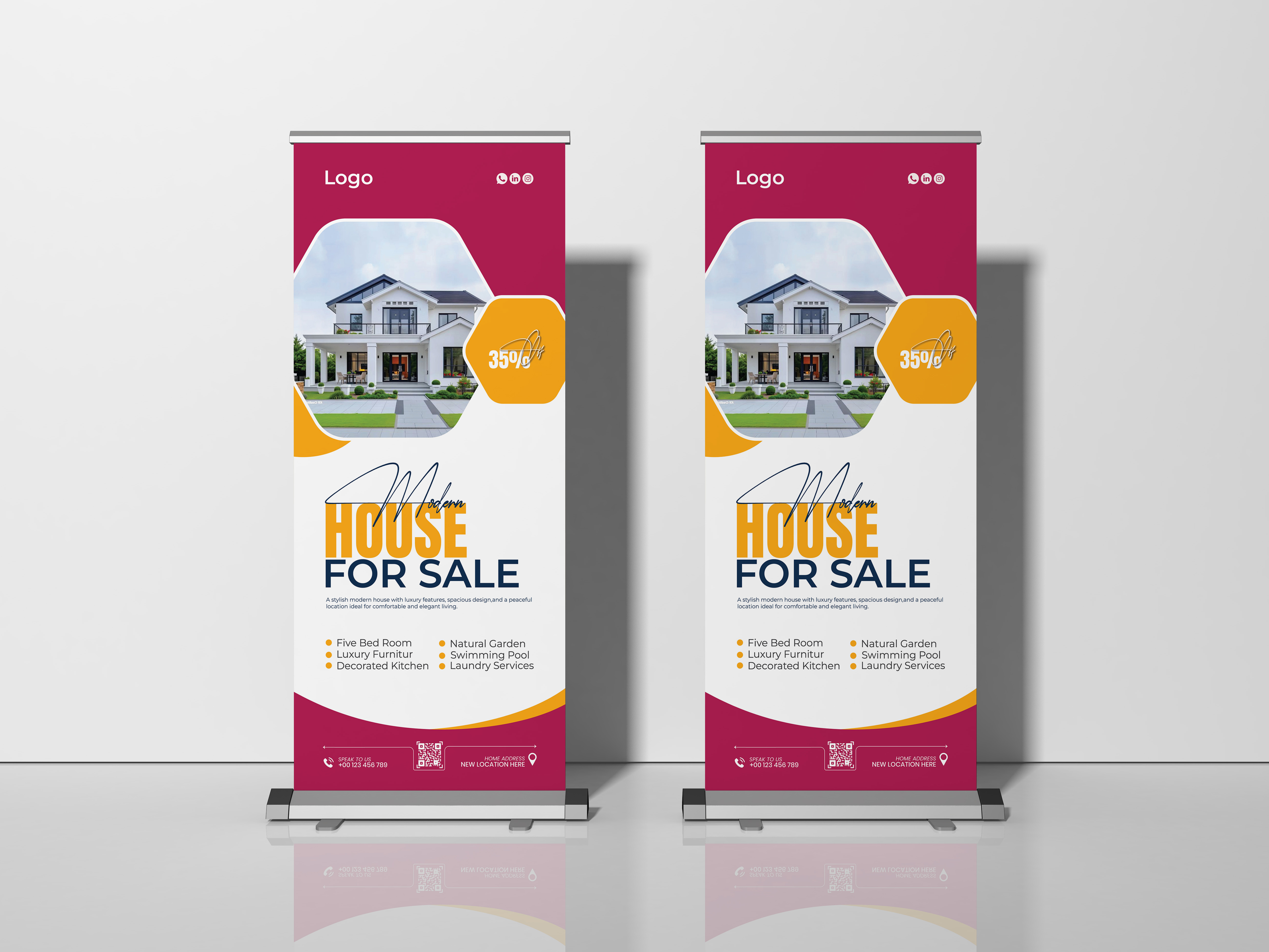 Modern house for sale Roll-up banner Design australiarealestate branding canadarealestate dreamhome graphic design houseforsale kuwaitrealestate logo luxuryliving modernhomes newhome projectbaseddesign propertyinvestment propertymarketing realestatebranding realestatedesign ukrealestate usarealestate