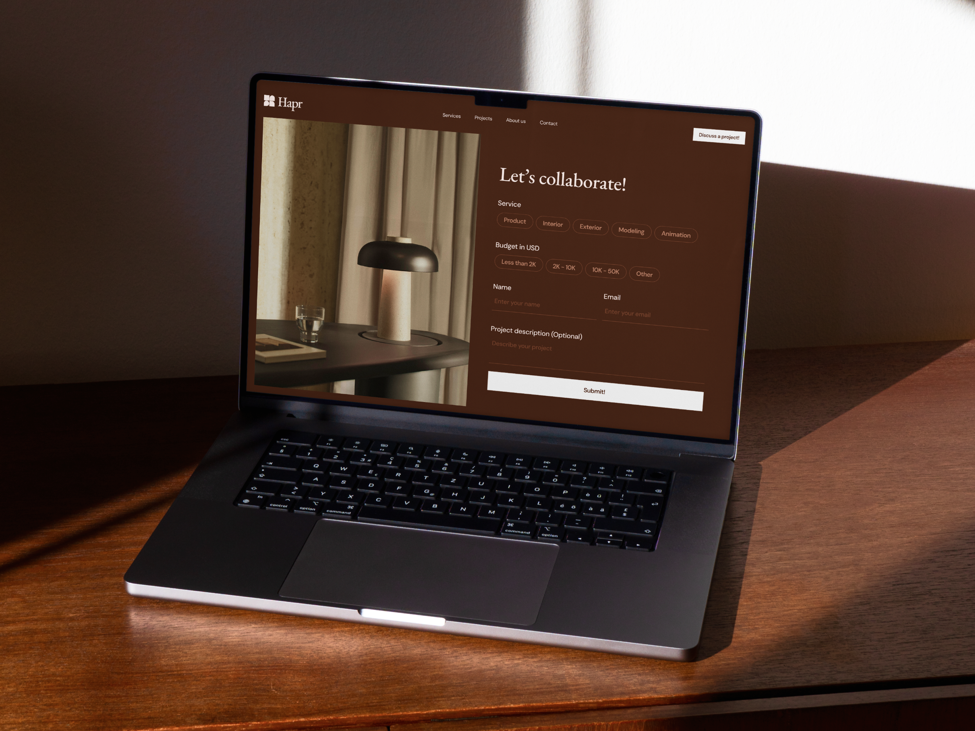 Example of Hapr Visual. 3D render Studio. Website Design. Form Design.