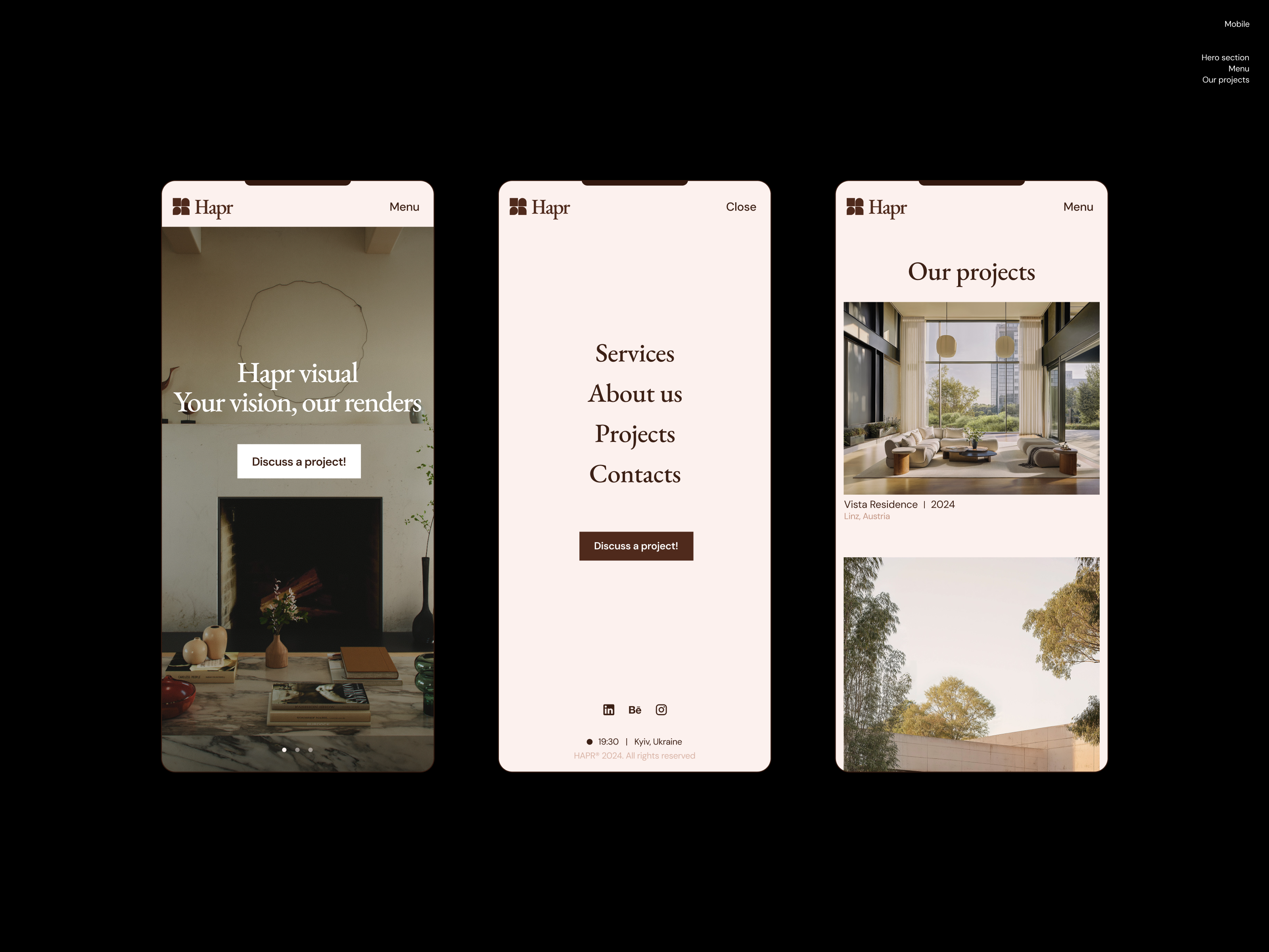 Example of Hapr Visual. Mobile Website Design. 3D Renders Agency Portfolio