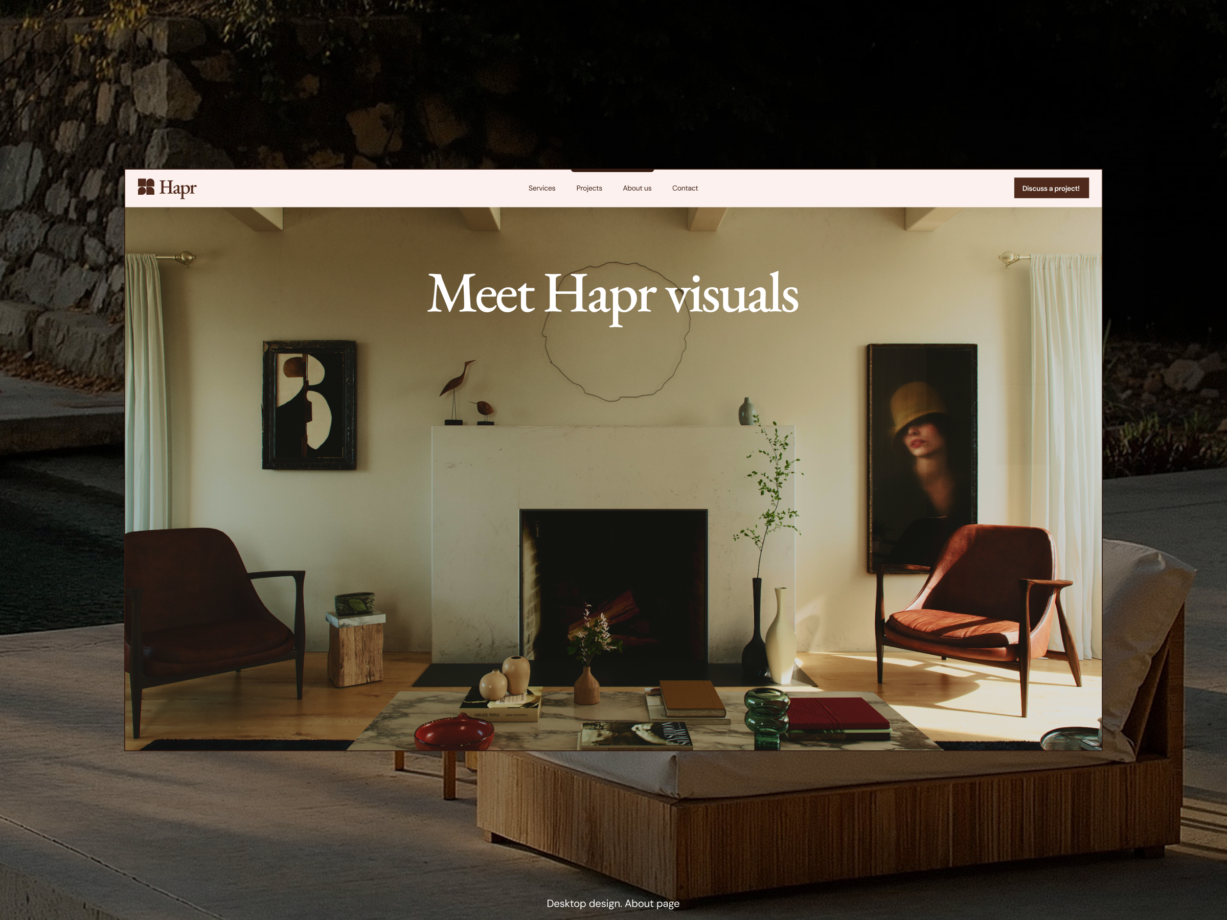 Hapr Visual. About Page Design. 3D Studio Portfolio Website. 3d agency website architecture artdirection branding design digital form gallery grid interior layout minimalism motion graphics portfolio website typography ui web design website whitespace