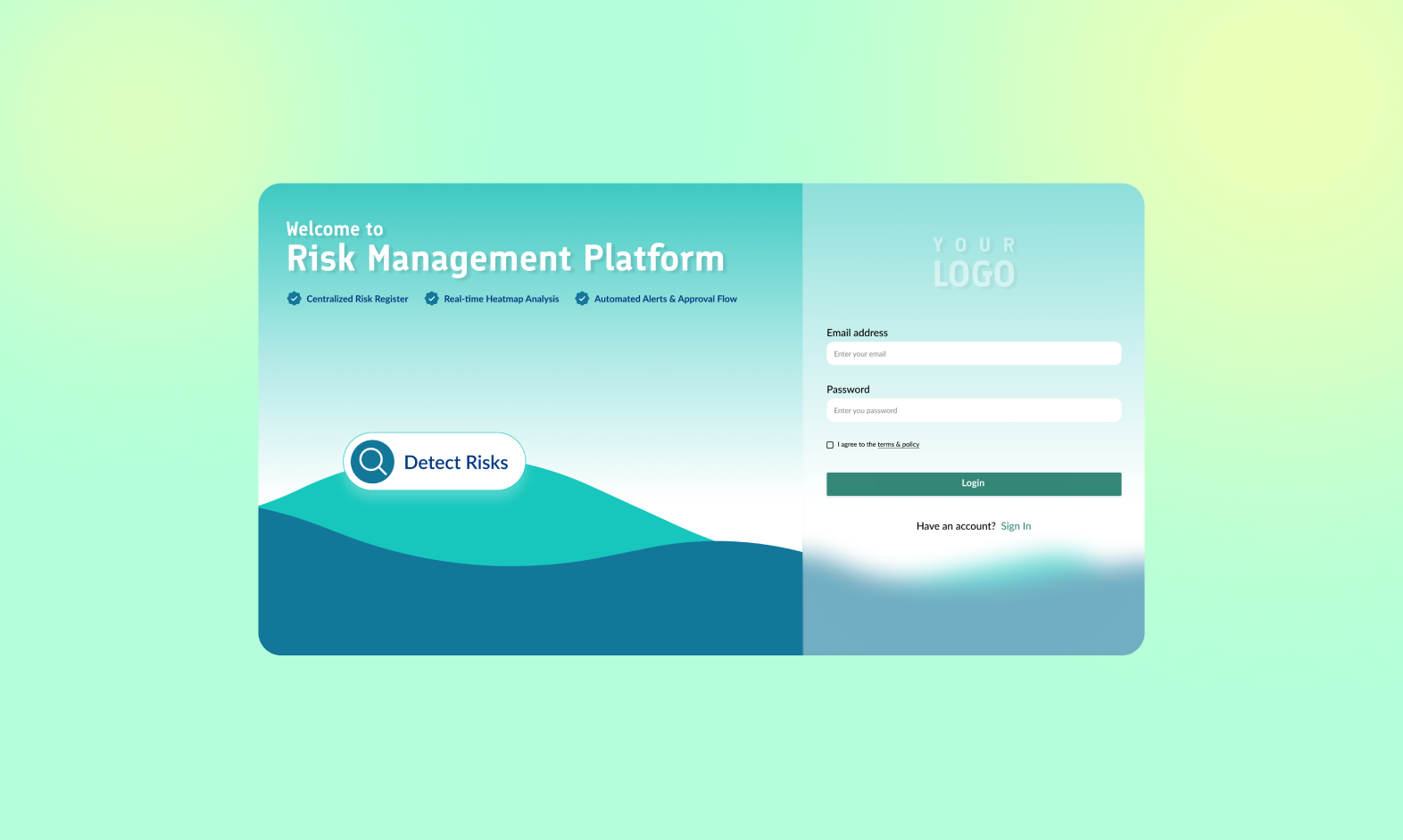 Login Screen UI and Animation 3d animation branding design detect glass morphism gradient graphic design login login page motion motion graphics prototype risk risk management ui wave wave animation wavy